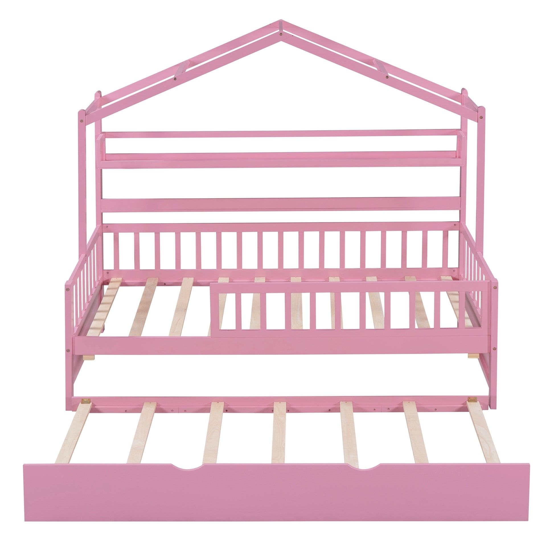 Wooden Twin Size House Bed With Trundle,Kids Bed With Shelf, Pink Pink Wood