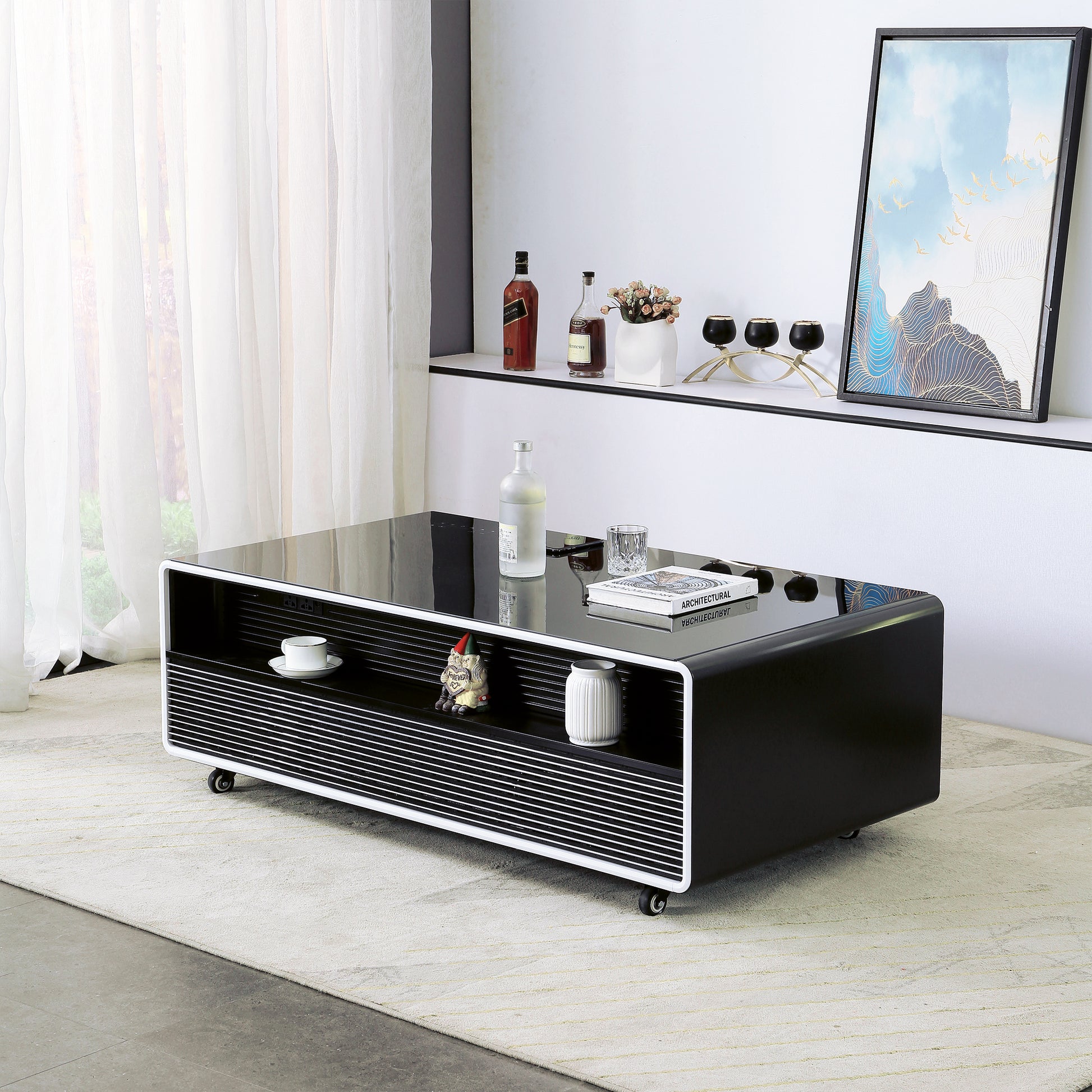 Smart Table Fridge, Multifunctional Coffee Table, Tempered Glass Table Top And Back Storage Black Tempered Glass