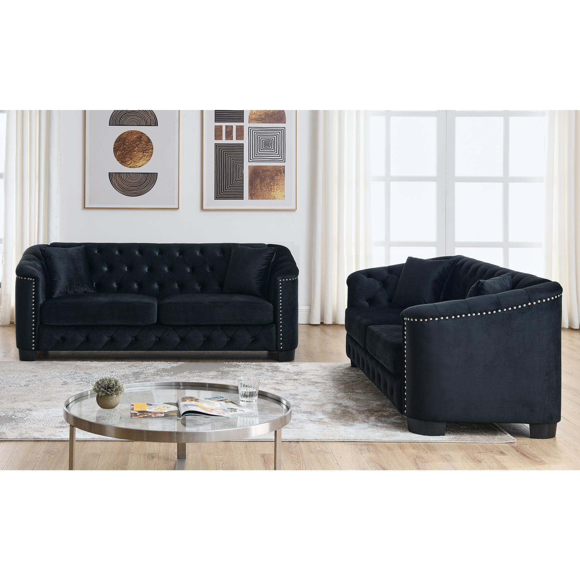 3 Seater 3 Seater Combination Sofa.Velvet Black Black Foam Velvet 6 Seat