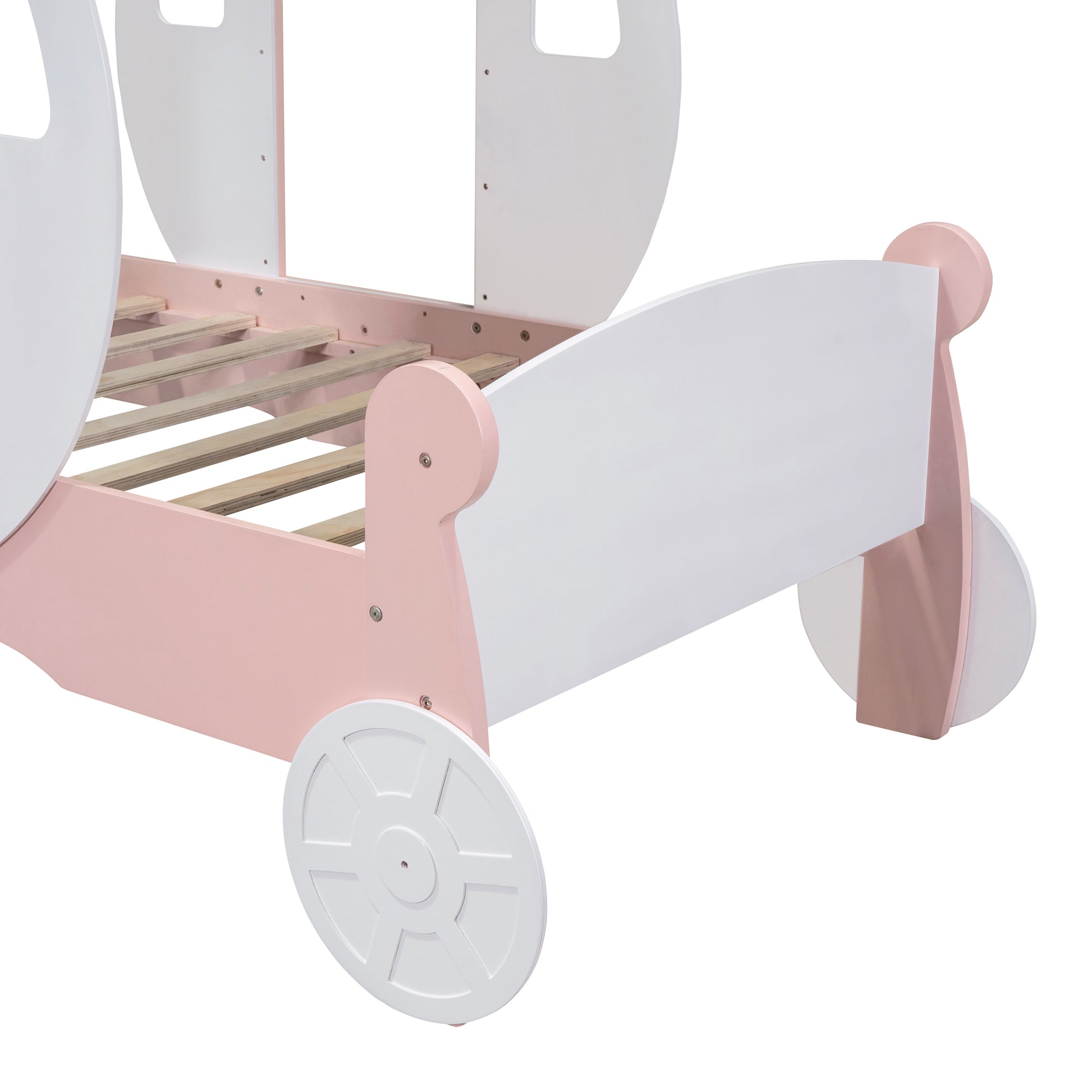 Twin Size Princess Carriage Bed With Crown ,Wood Platform Car Bed With Stair,White Pink White Pink Wood