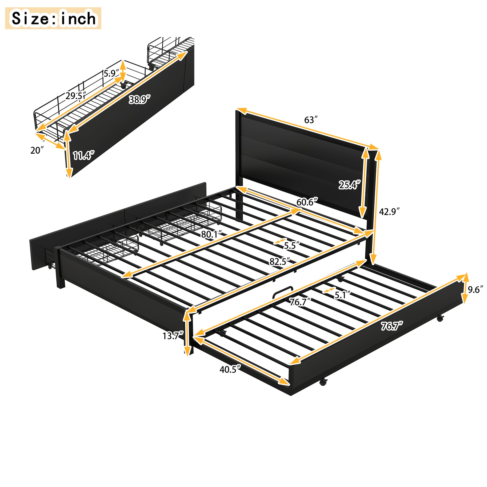 Metal Queen Size Storage Platform Bed With Twin Size Trundle And 2 Drawers, Black Queen Black Metal Bedroom Bed Frame Mdf Steel