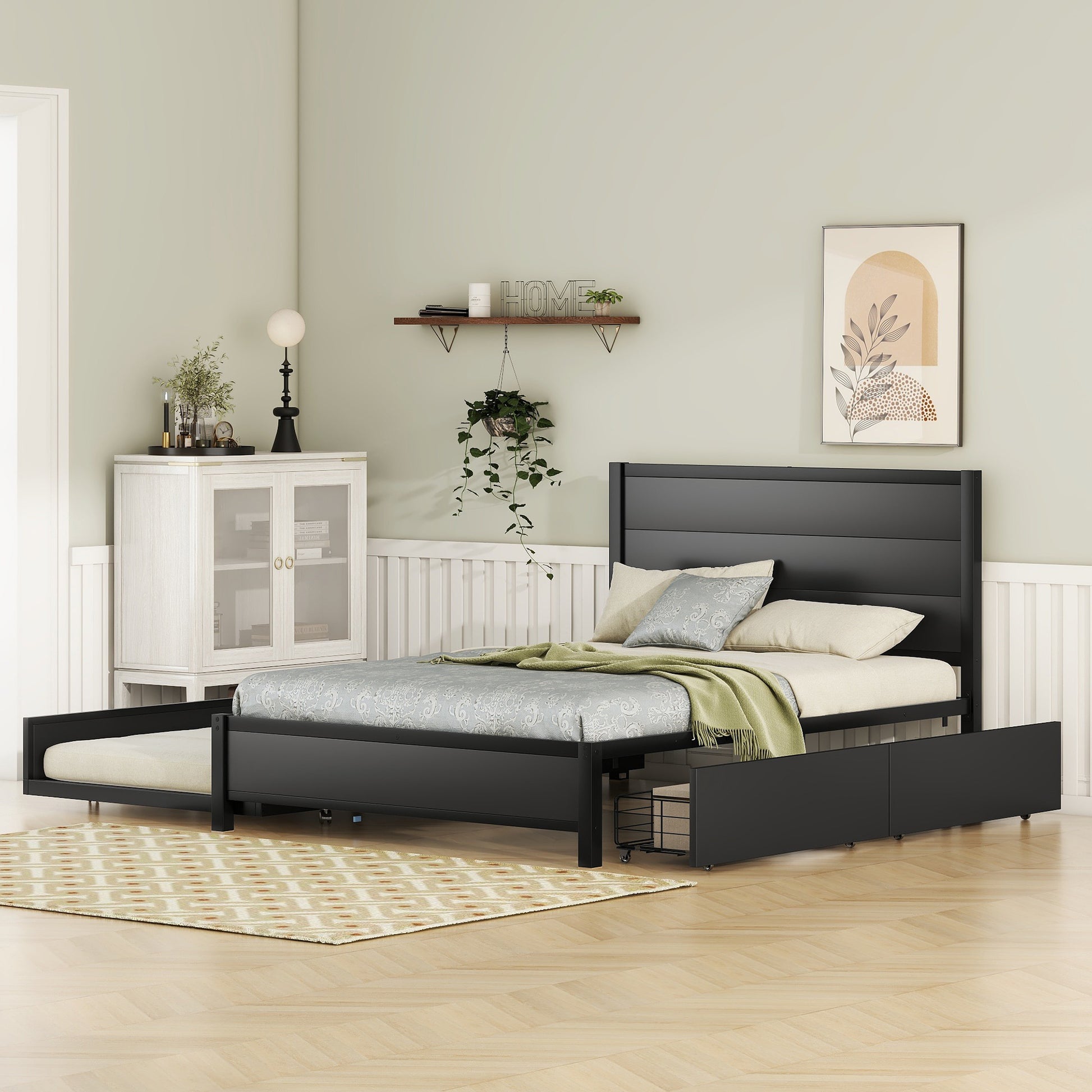 Metal Full Size Storage Platform Bed With Twin Size Trundle And 2 Drawers, Black Full Black Metal Bedroom Bed Frame Mdf Steel