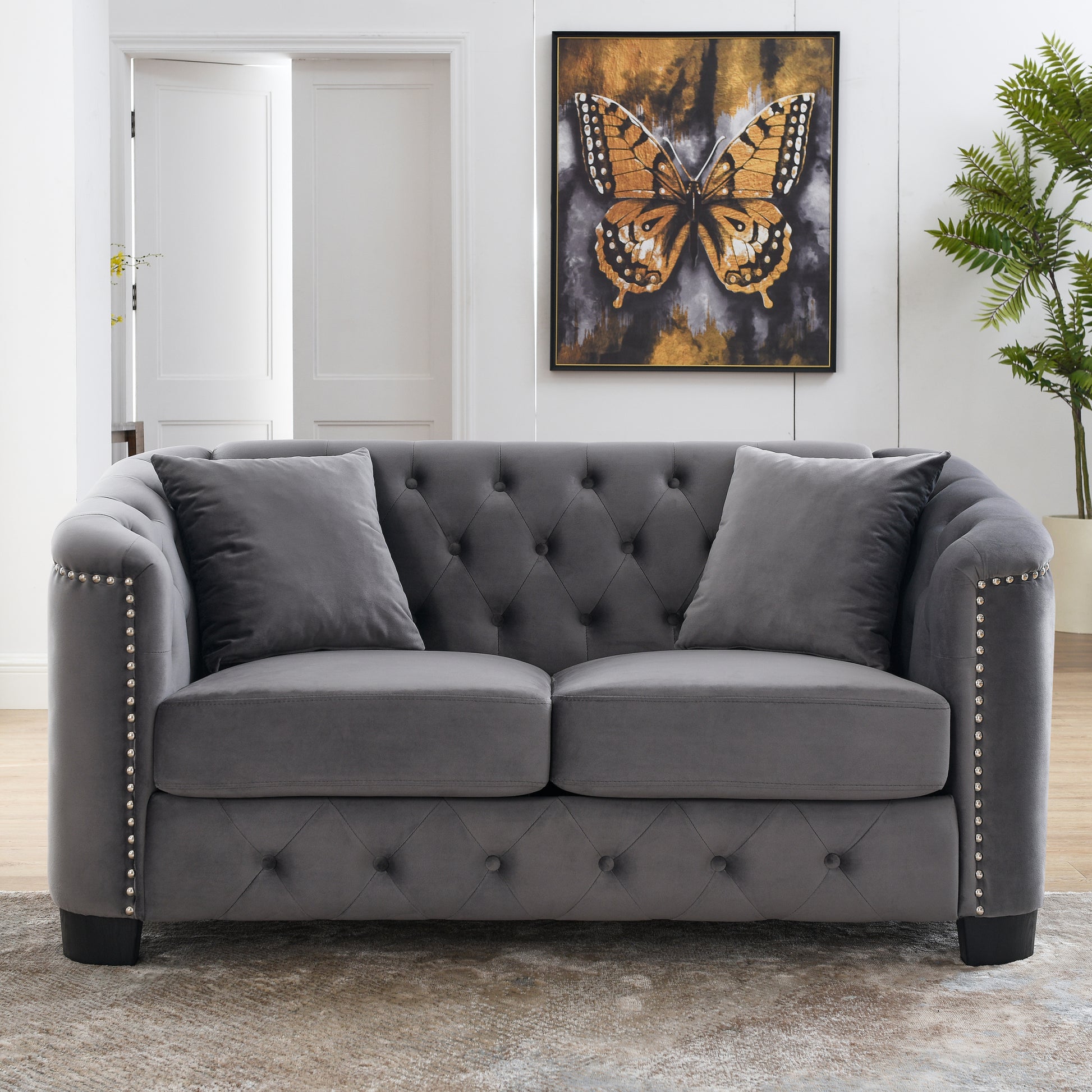 59 Inch Modern Chesterfield Velvet Sofa, 2 Seater Sofa, Upholstered Tufted Backrests With Arms And 2 Cushions For Living Room, Bedroom, Apartment, Office Grey Grey Primary Living Space Foam Velvet 2 Seat
