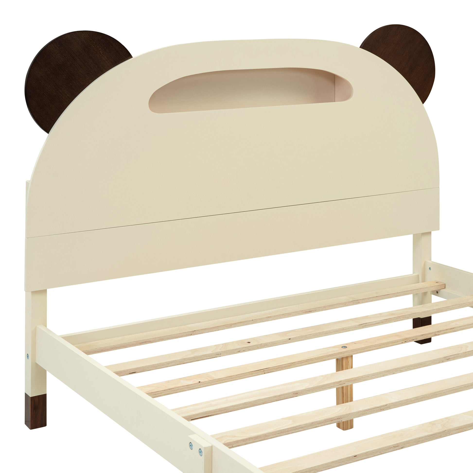 Full Size Wood Platform Bed With Bear Shaped Headboard,Bed With Motion Activated Night Lights,Cream Walnut Cream Wood