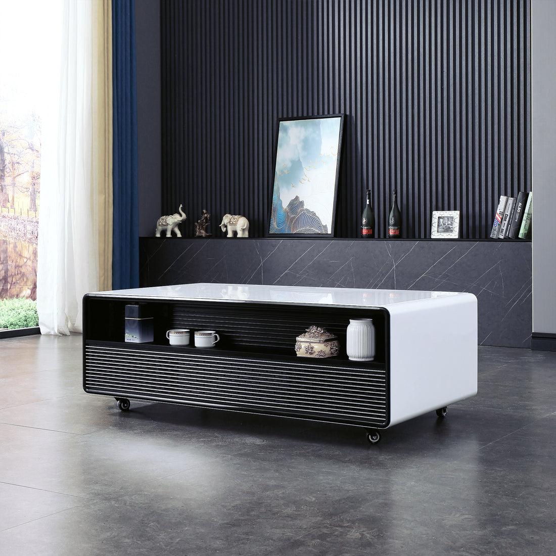 Smart Table Fridge, Multifunctional Coffee Table, Tempered Glass Table Top And Back Storage White Tempered Glass
