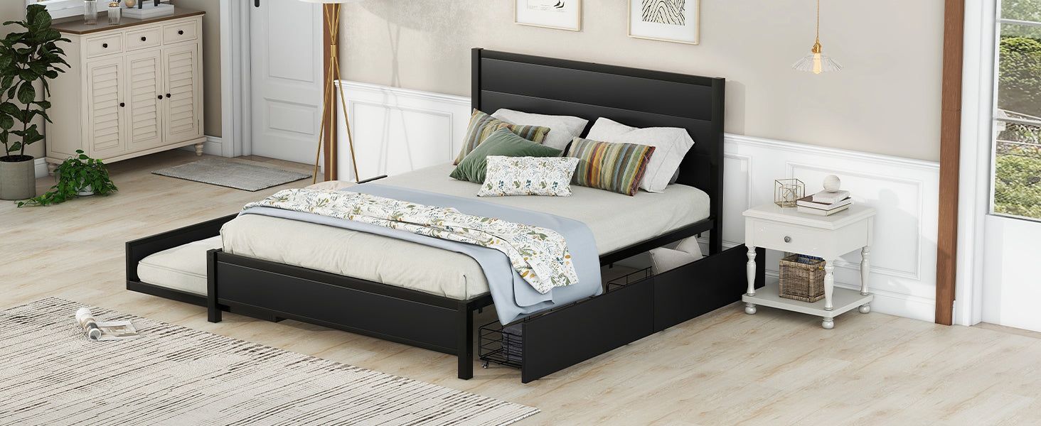 Metal Queen Size Storage Platform Bed With Twin Size Trundle And 2 Drawers, Black Queen Black Metal Bedroom Bed Frame Mdf Steel
