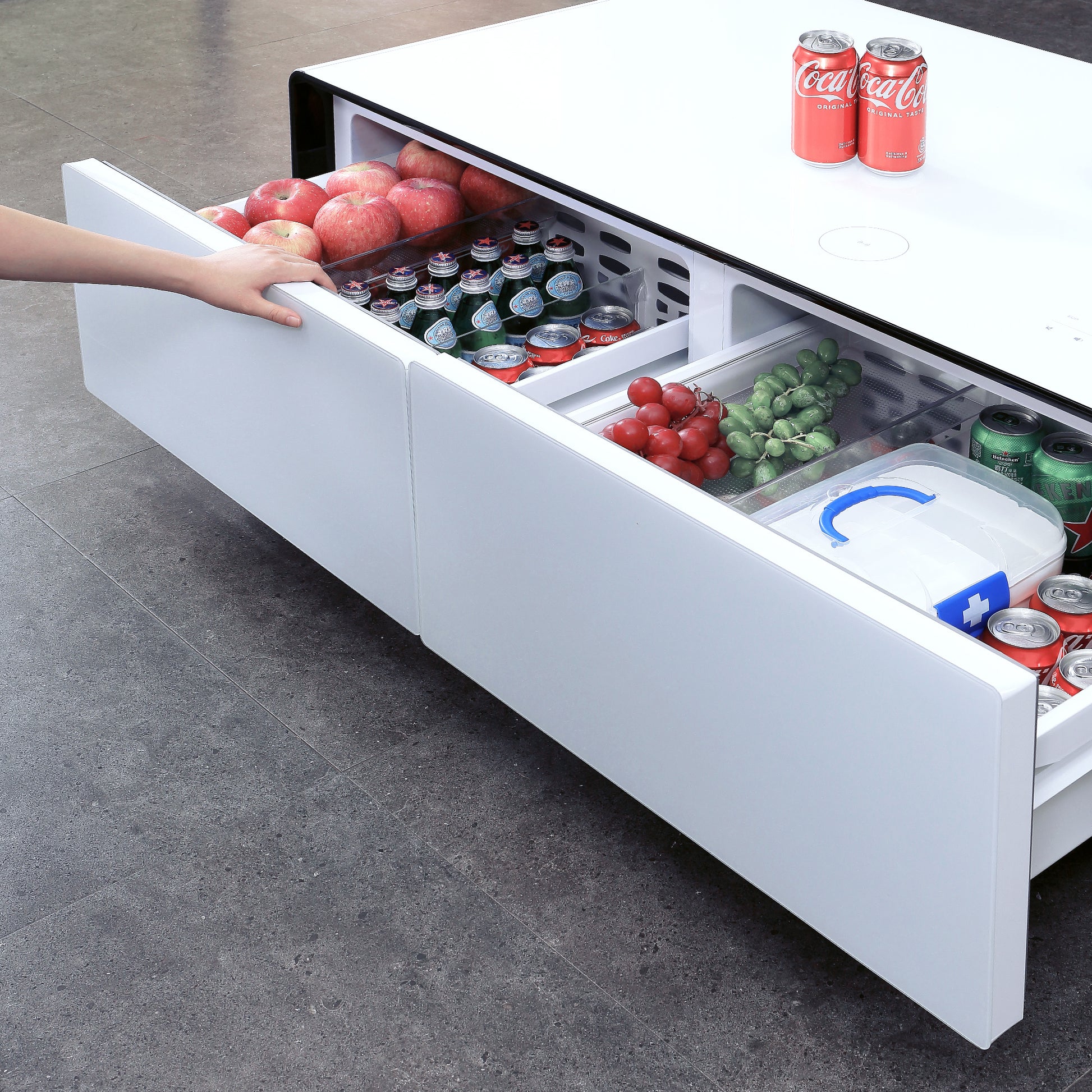 Smart Table Fridge, Multifunctional Coffee Table, Tempered Glass Table Top And Back Storage White Tempered Glass