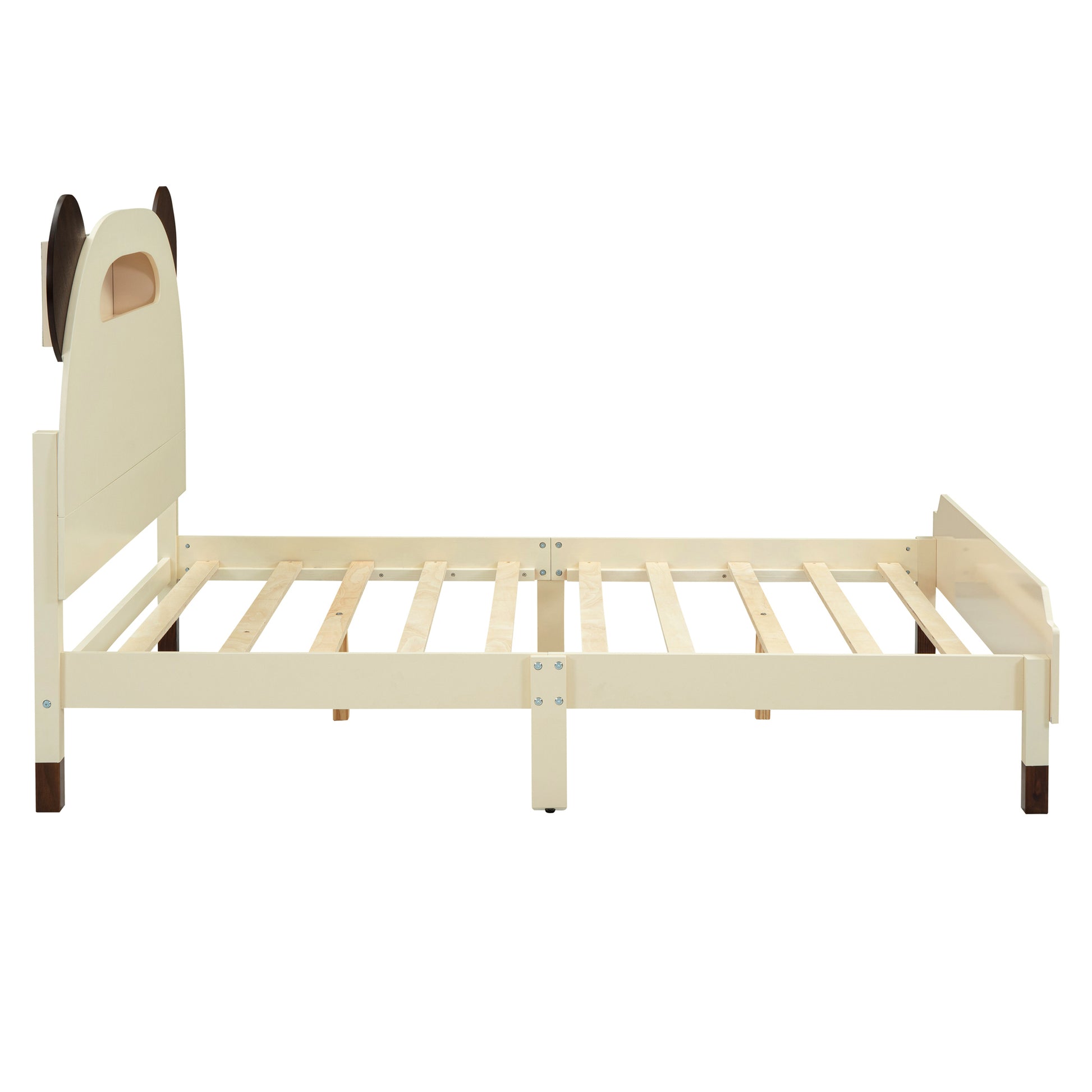 Full Size Wood Platform Bed With Bear Shaped Headboard,Bed With Motion Activated Night Lights,Cream Walnut Cream Wood