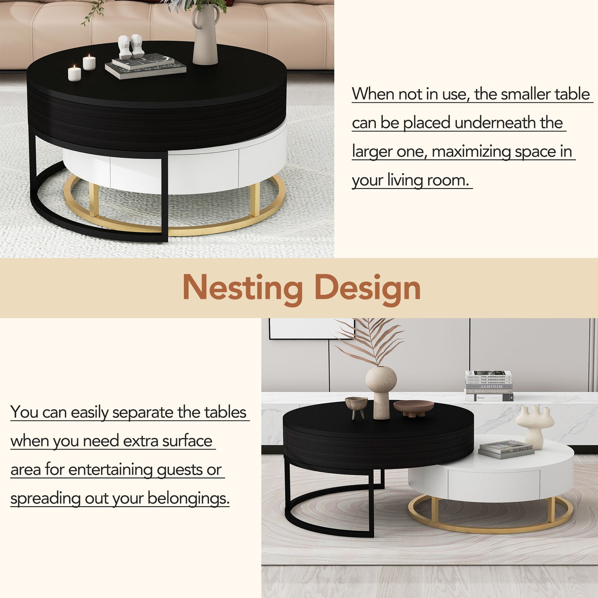 Modern Round Lift Top Nesting Coffee Tables With 2 Drawers White & Black White Black Mdf