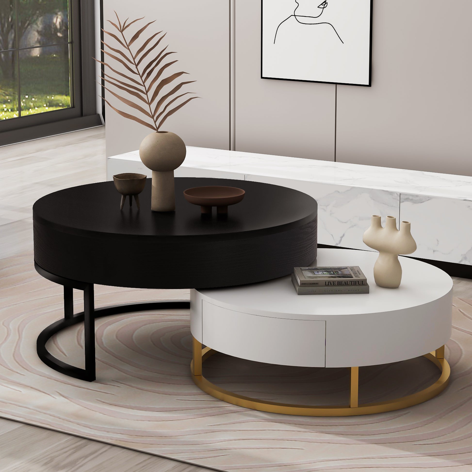 Modern Round Lift Top Nesting Coffee Tables With 2 Drawers White & Black White Black Mdf