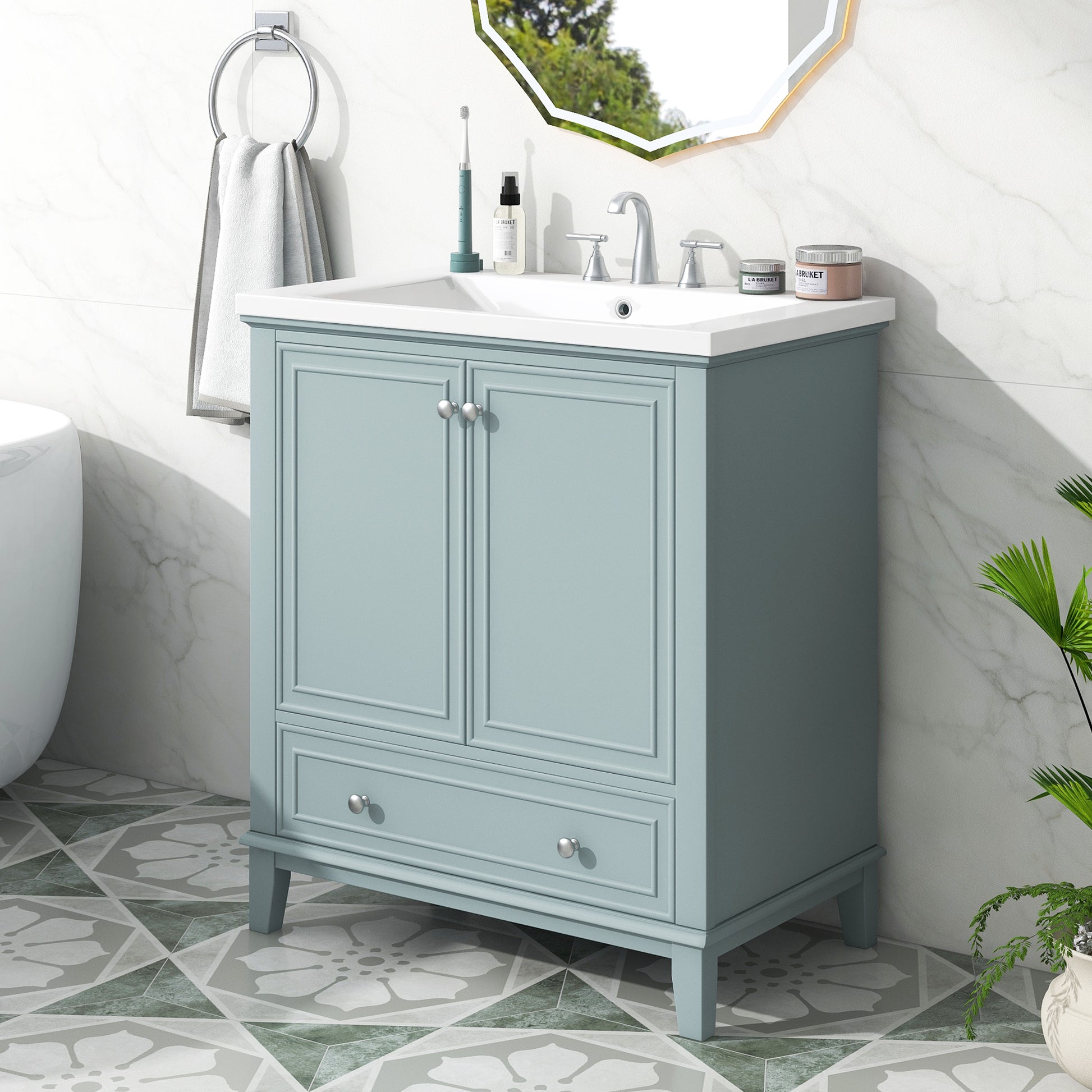 30" Bathroom Vanity With Sink Combo, Multi Functional Bathroom Cabinet With Doors And Drawer, Solid Frame And Mdf Board, Green Old Sku:Sy999606Aac Green Solid Wood Mdf