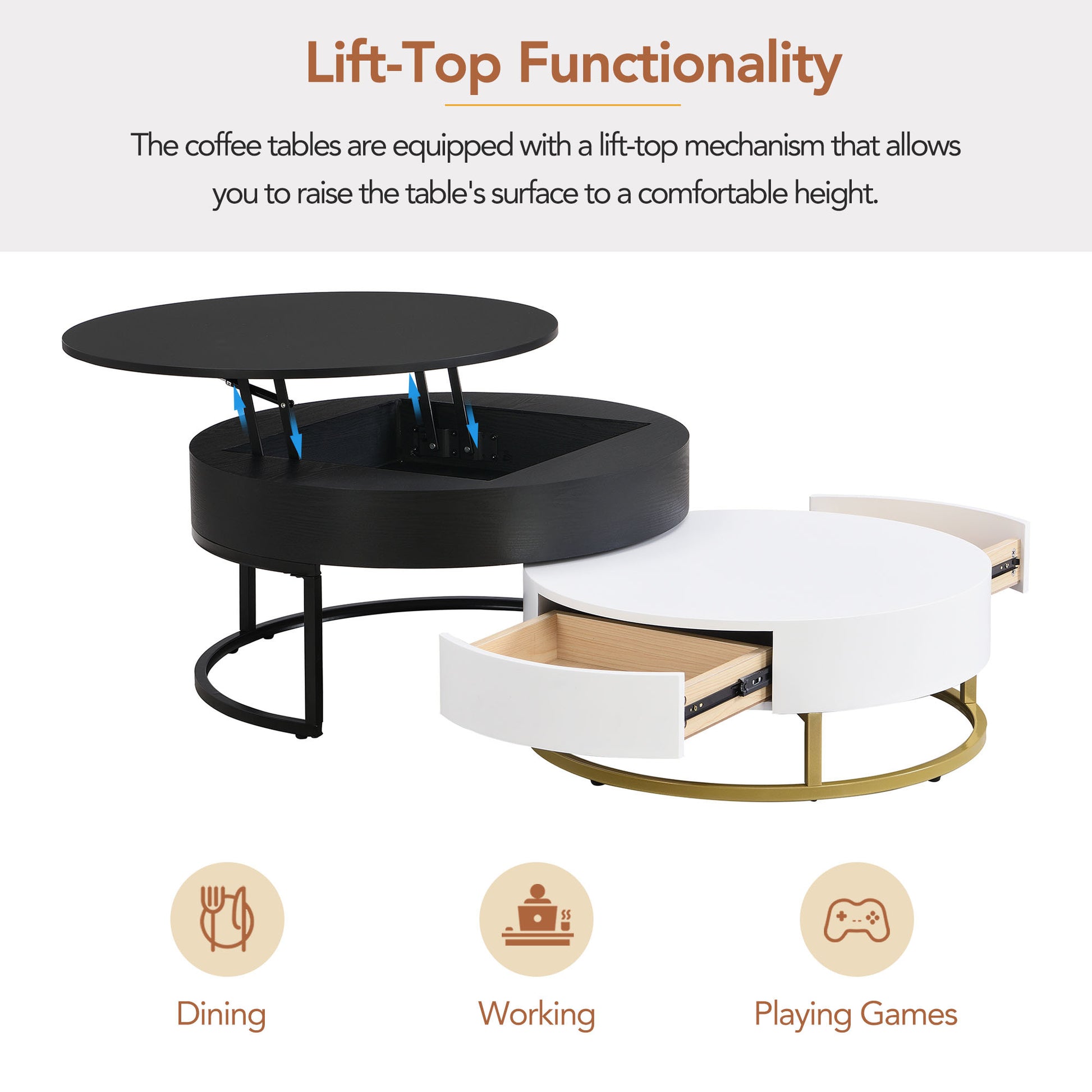 Modern Round Lift Top Nesting Coffee Tables With 2 Drawers White & Black White Black Mdf