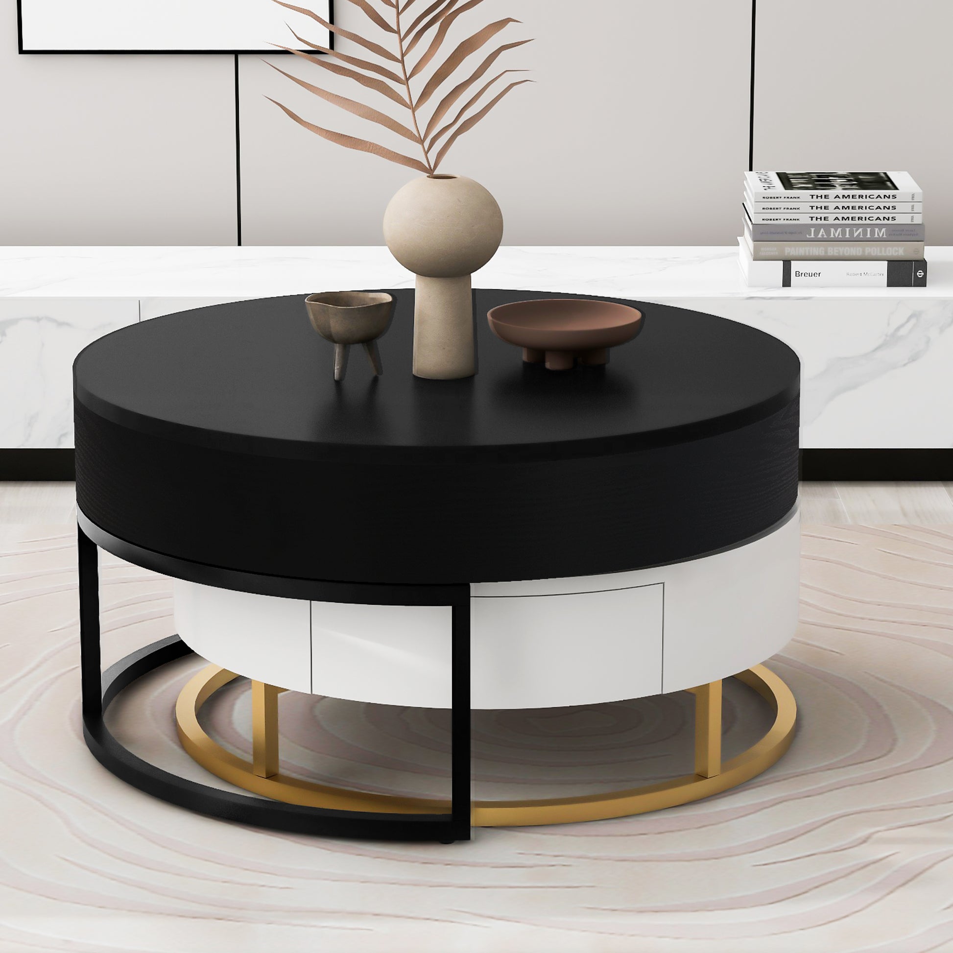 Modern Round Lift Top Nesting Coffee Tables With 2 Drawers White & Black White Black Mdf