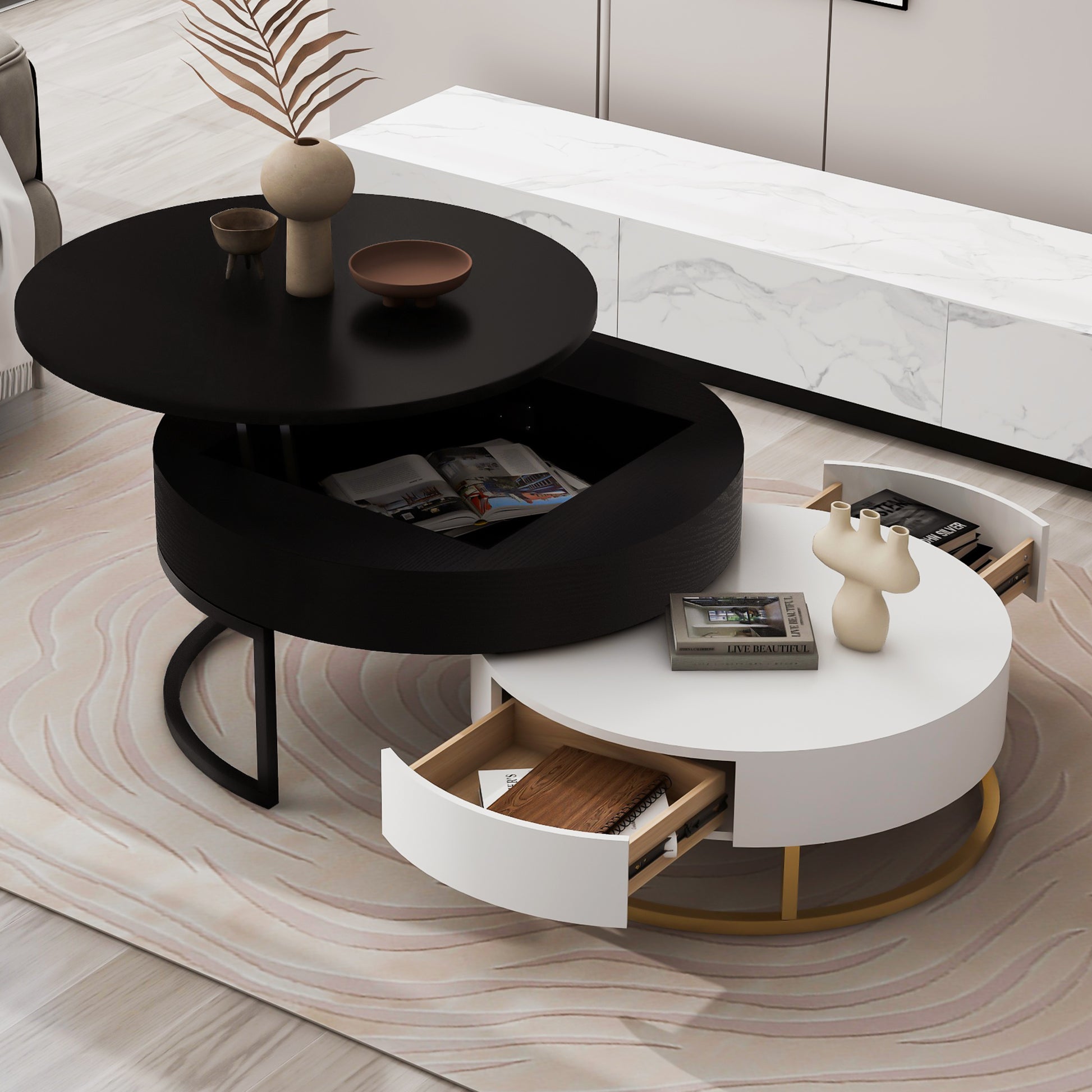 Modern Round Lift Top Nesting Coffee Tables With 2 Drawers White & Black White Black Mdf