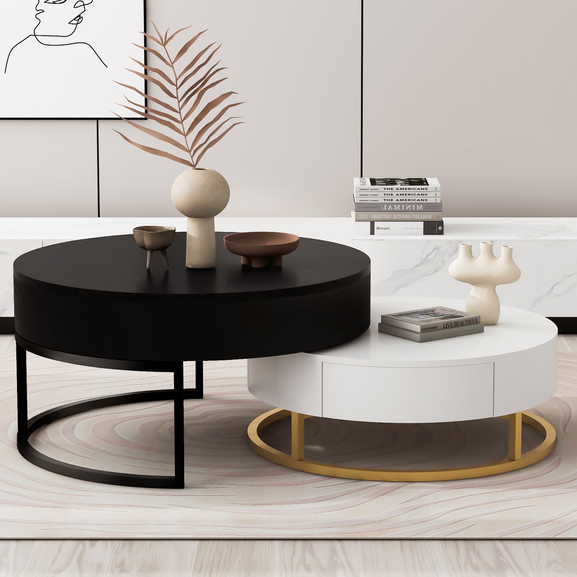 Modern Round Lift Top Nesting Coffee Tables With 2 Drawers White & Black White Black Mdf