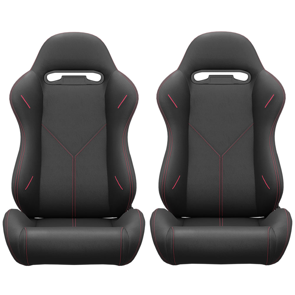 2Pc Universal Bucket Racing Seats Red Stitch Red Pvc Leather Reclinable Carbon Look Leather Back With Adjustor Slider Not Including Seat Bracket 1 Box Of 2 Pieces Black Pvc