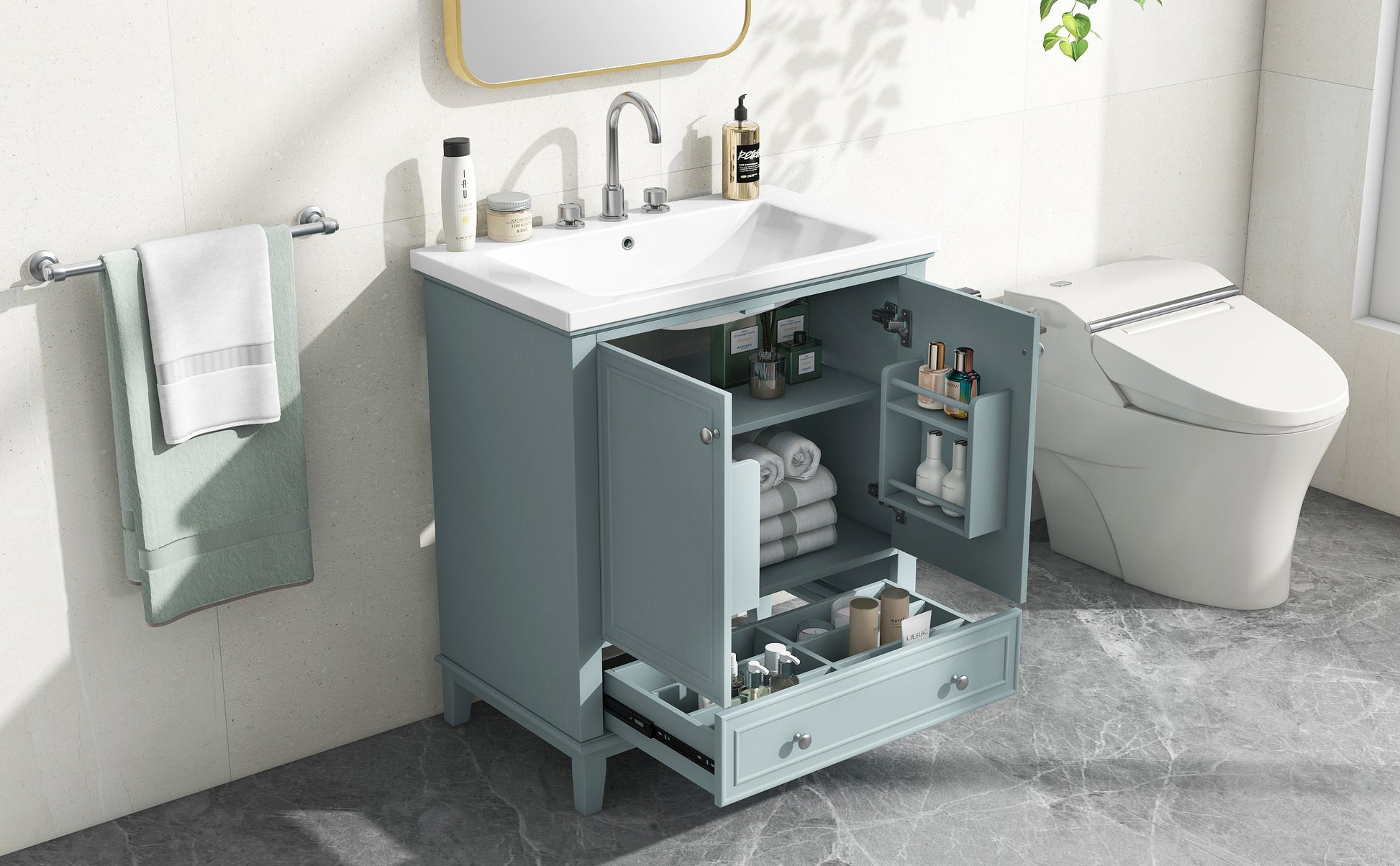 30" Bathroom Vanity With Sink Combo, Multi Functional Bathroom Cabinet With Doors And Drawer, Solid Frame And Mdf Board, Green Old Sku:Sy999606Aac Green Solid Wood Mdf