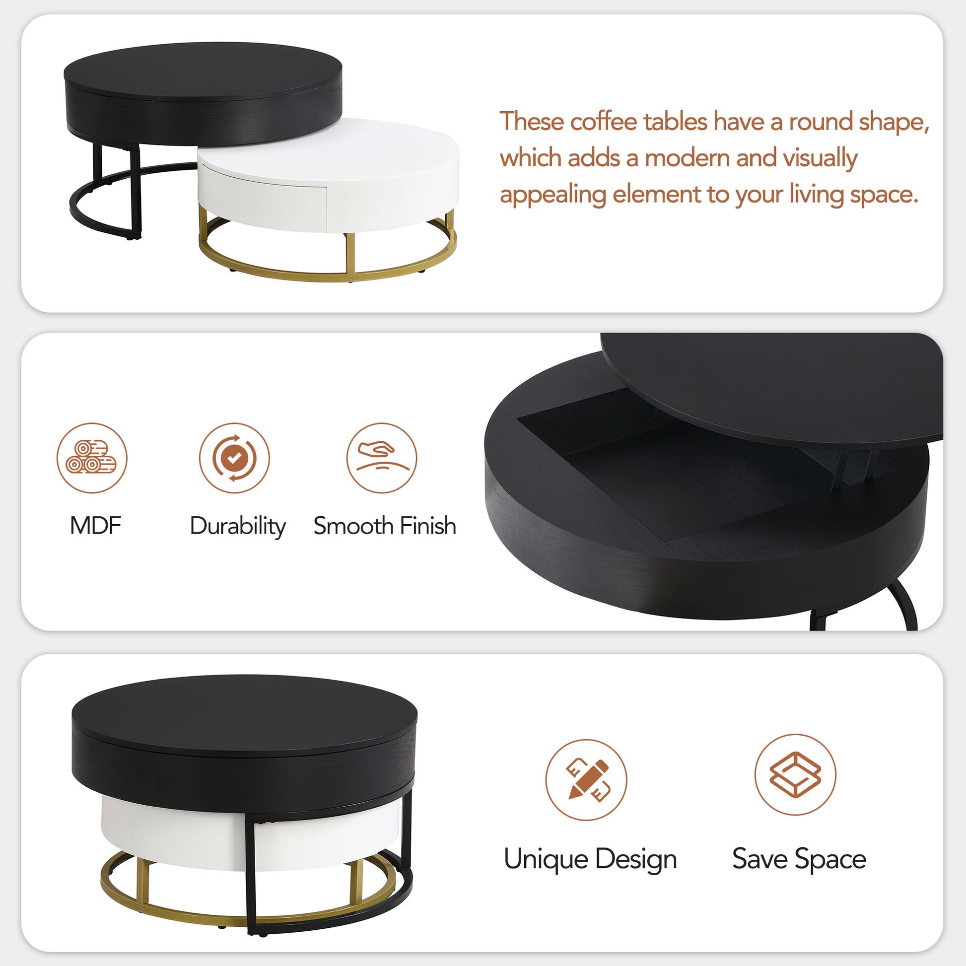 Modern Round Lift Top Nesting Coffee Tables With 2 Drawers White & Black White Black Mdf