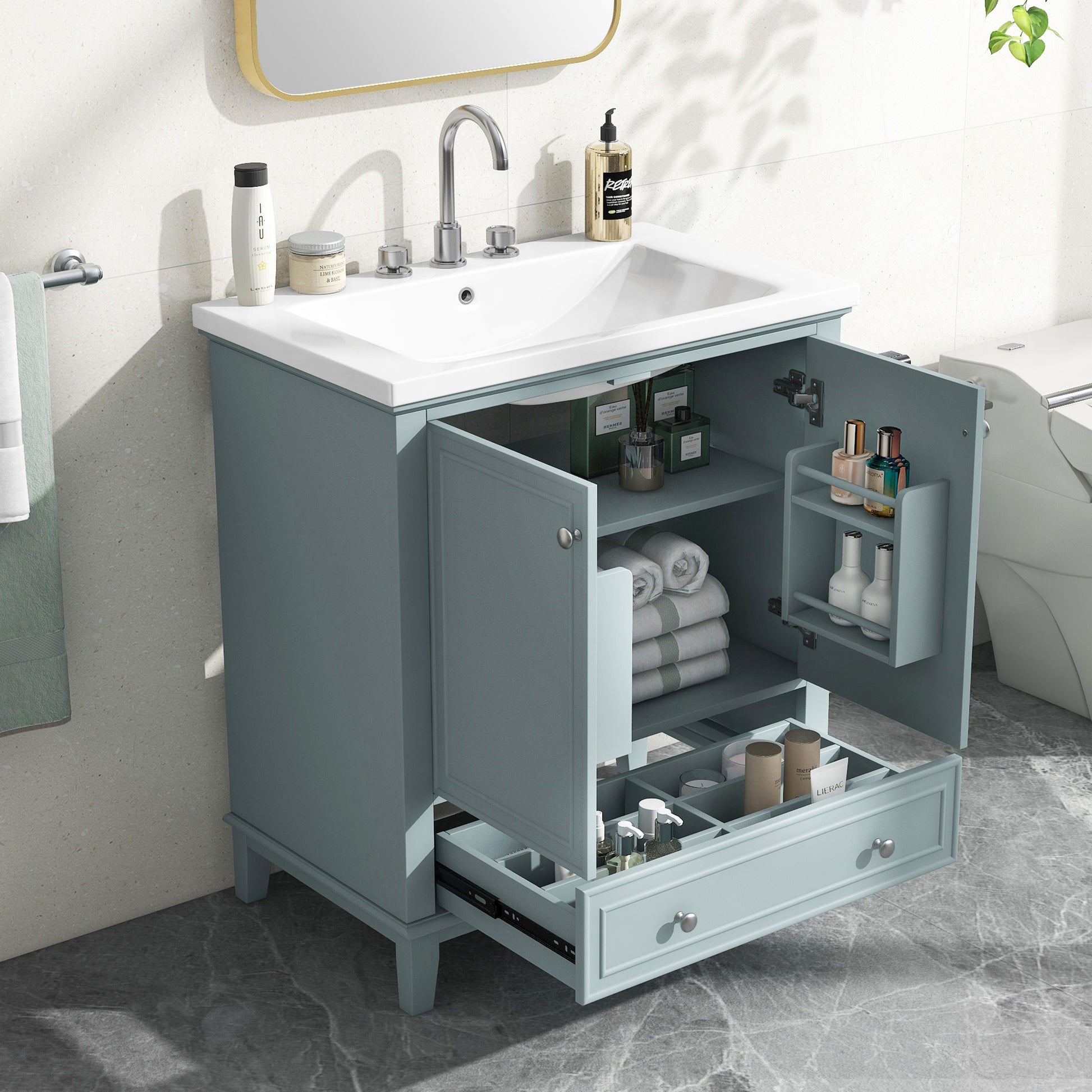30" Bathroom Vanity With Sink Combo, Multi Functional Bathroom Cabinet With Doors And Drawer, Solid Frame And Mdf Board, Green Old Sku:Sy999606Aac Green Solid Wood Mdf