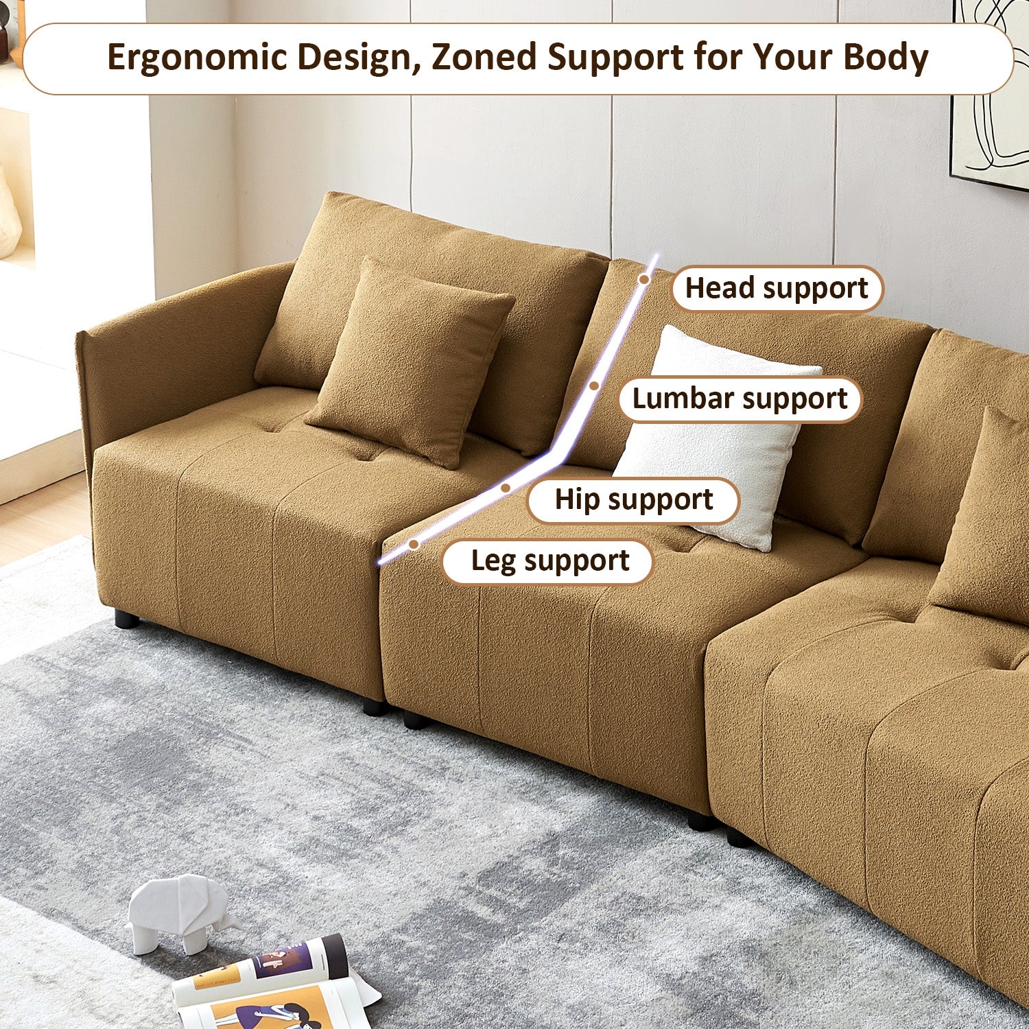 120'' Teddy Fabric Sofa, Modern Modular Sectional Couch, Button Tufted Seat Cushion For Living Room, Apartment & Office. Dark Yellow Dark Yellow Foam Fabric