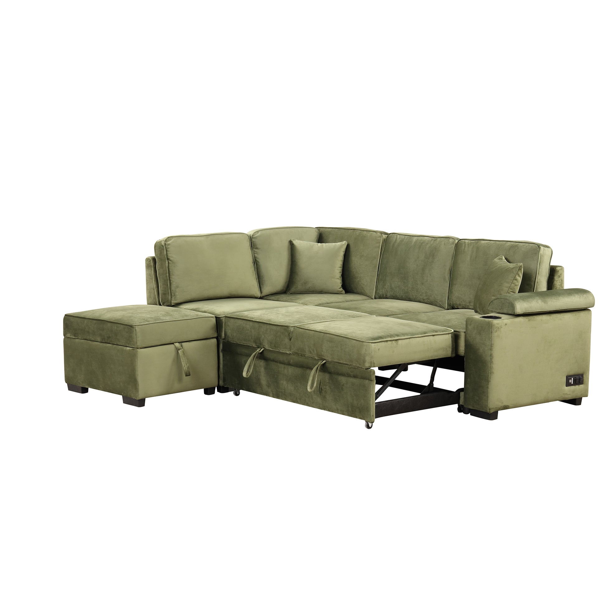 84.75" Sleeper Sofa Bed,2 In 1 Pull Out Sofa Bed L Shape Couch With Storage Ottoman For Living Room,Bedroom Couch And Small Apartment, Green Green Foam Velvet 4 Seat