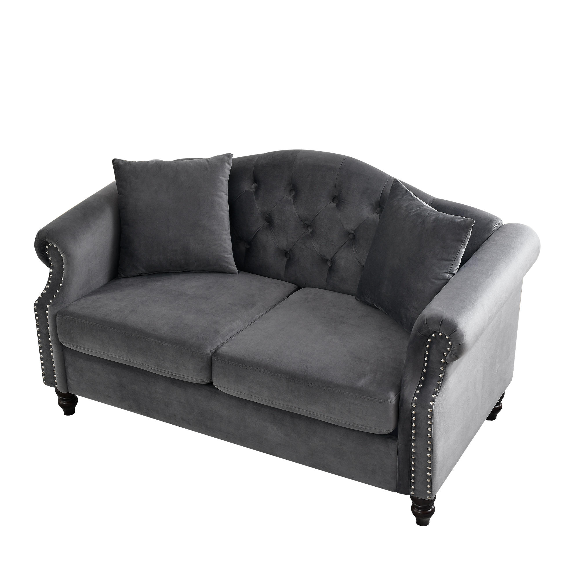 57" Chesterfield Sofa Grey Velvet For Living Room, 2 Seater Sofa Tufted Couch With Rolled Arms And For Living Room, Bedroom, Office, Apartment, Two Pillowsw834S00073 Grey Foam Velvet