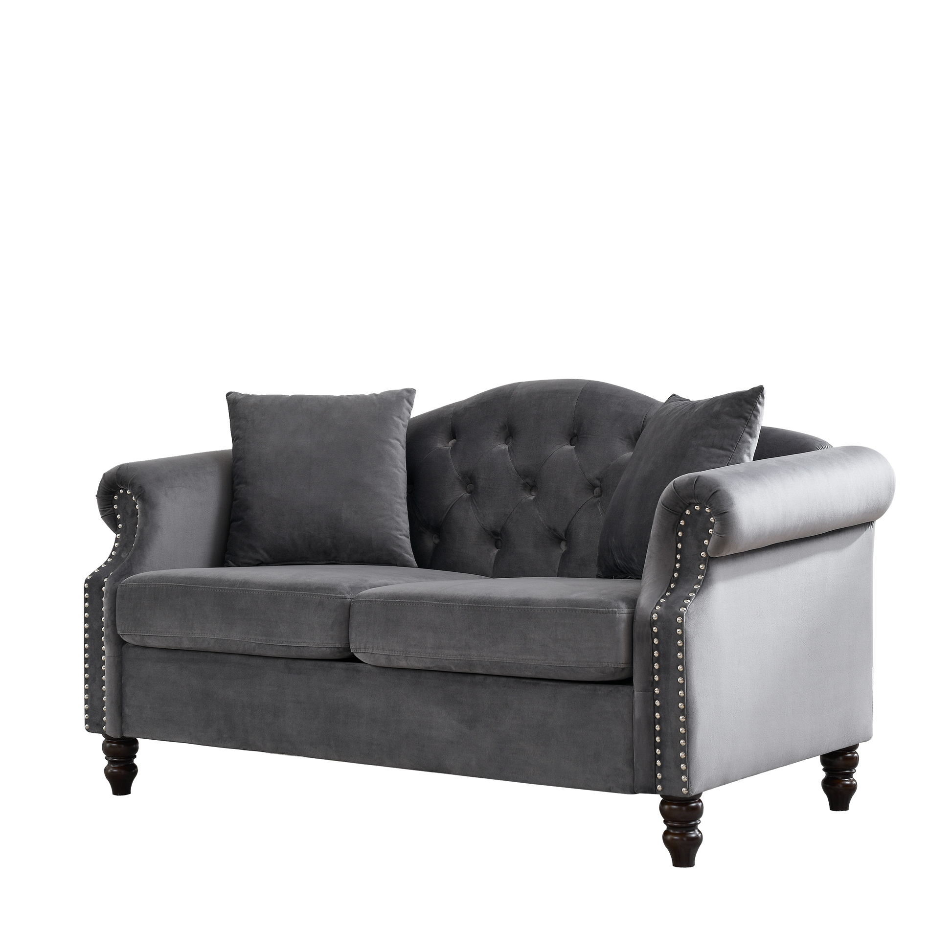 57" Chesterfield Sofa Grey Velvet For Living Room, 2 Seater Sofa Tufted Couch With Rolled Arms And For Living Room, Bedroom, Office, Apartment, Two Pillowsw834S00073 Grey Foam Velvet