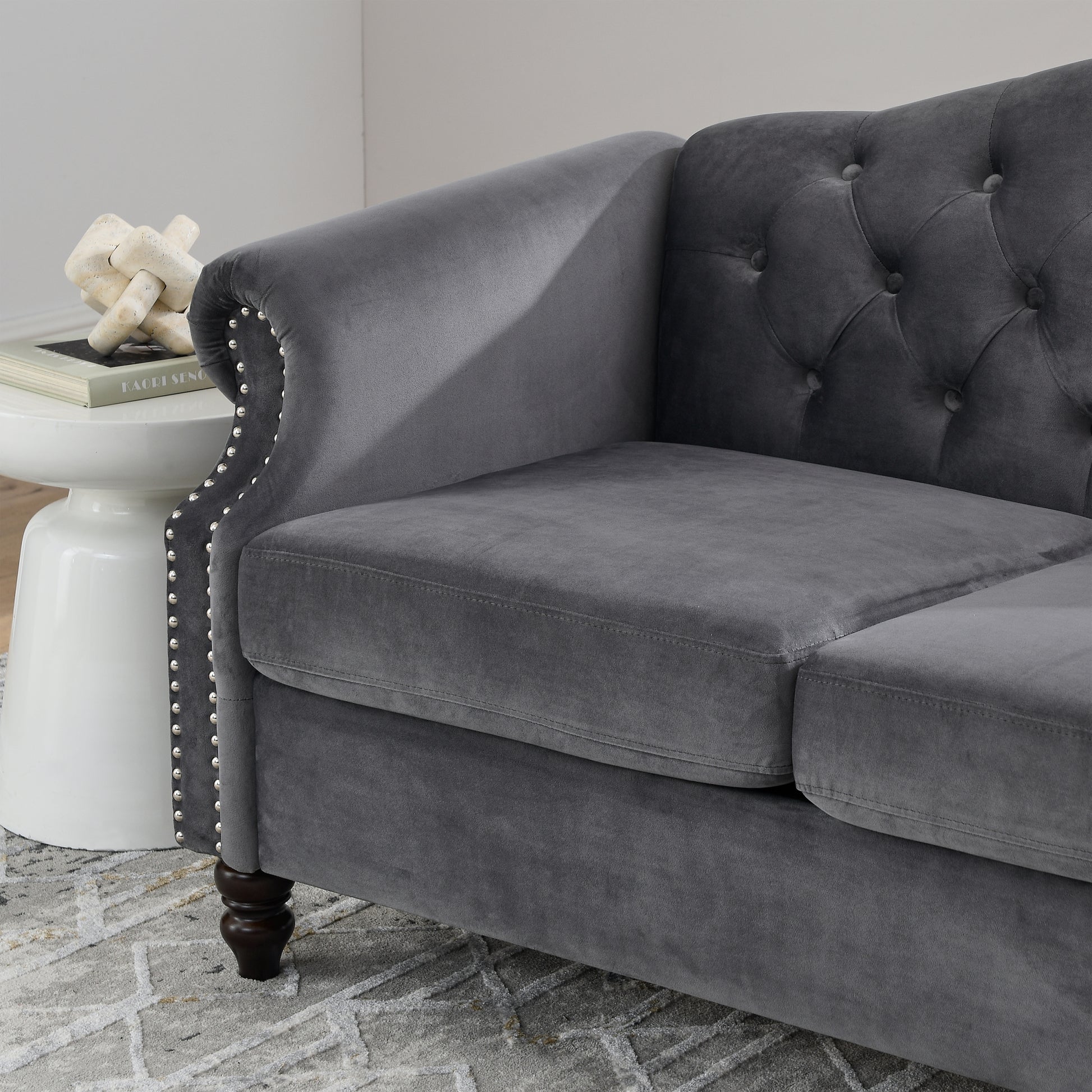 57" Chesterfield Sofa Grey Velvet For Living Room, 2 Seater Sofa Tufted Couch With Rolled Arms And For Living Room, Bedroom, Office, Apartment, Two Pillows Grey Foam Velvet