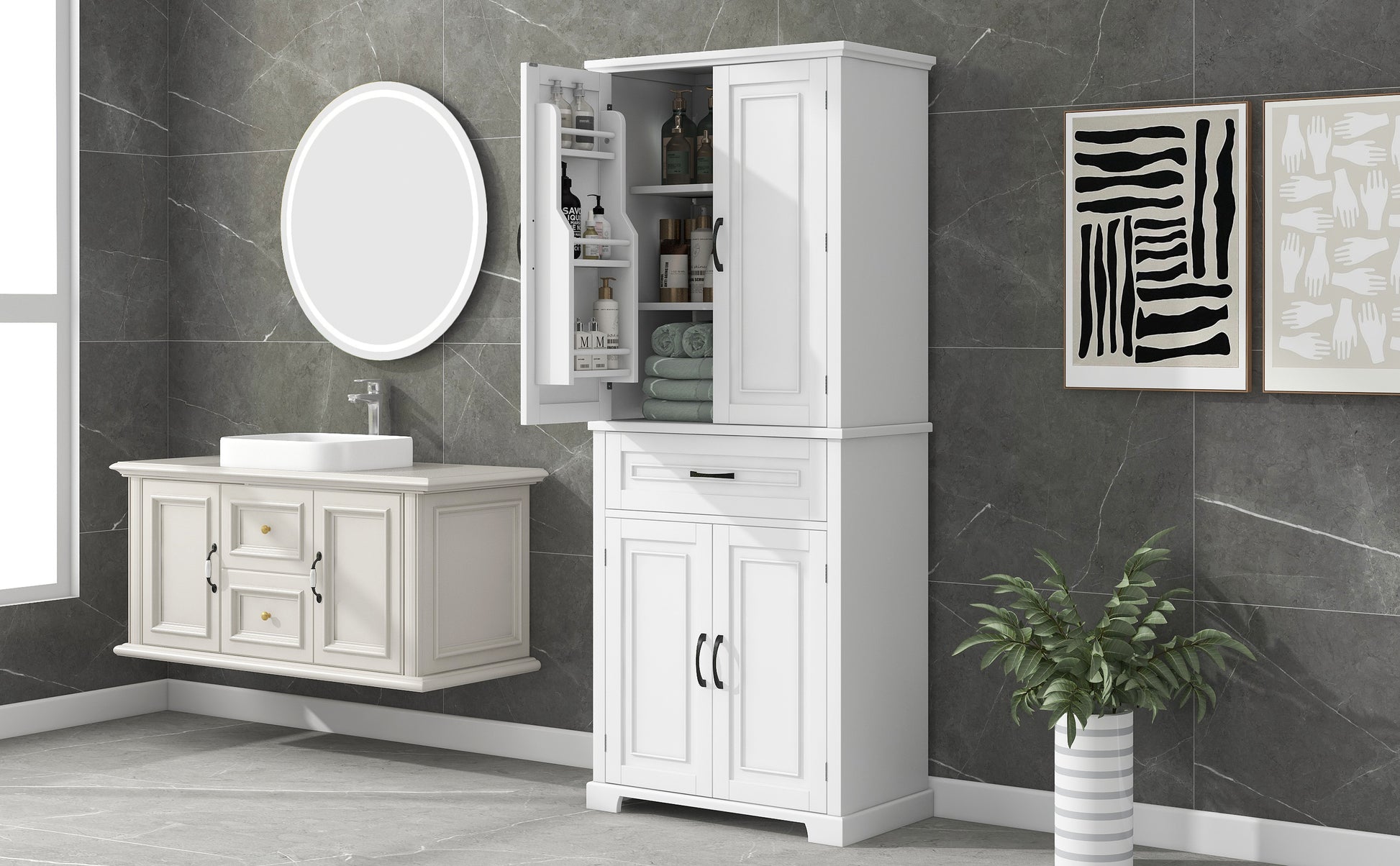 Bathroom Storage Cabinet With Doors And Drawer, Multiple Storage Space, Adjustable Shelf, White White Mdf