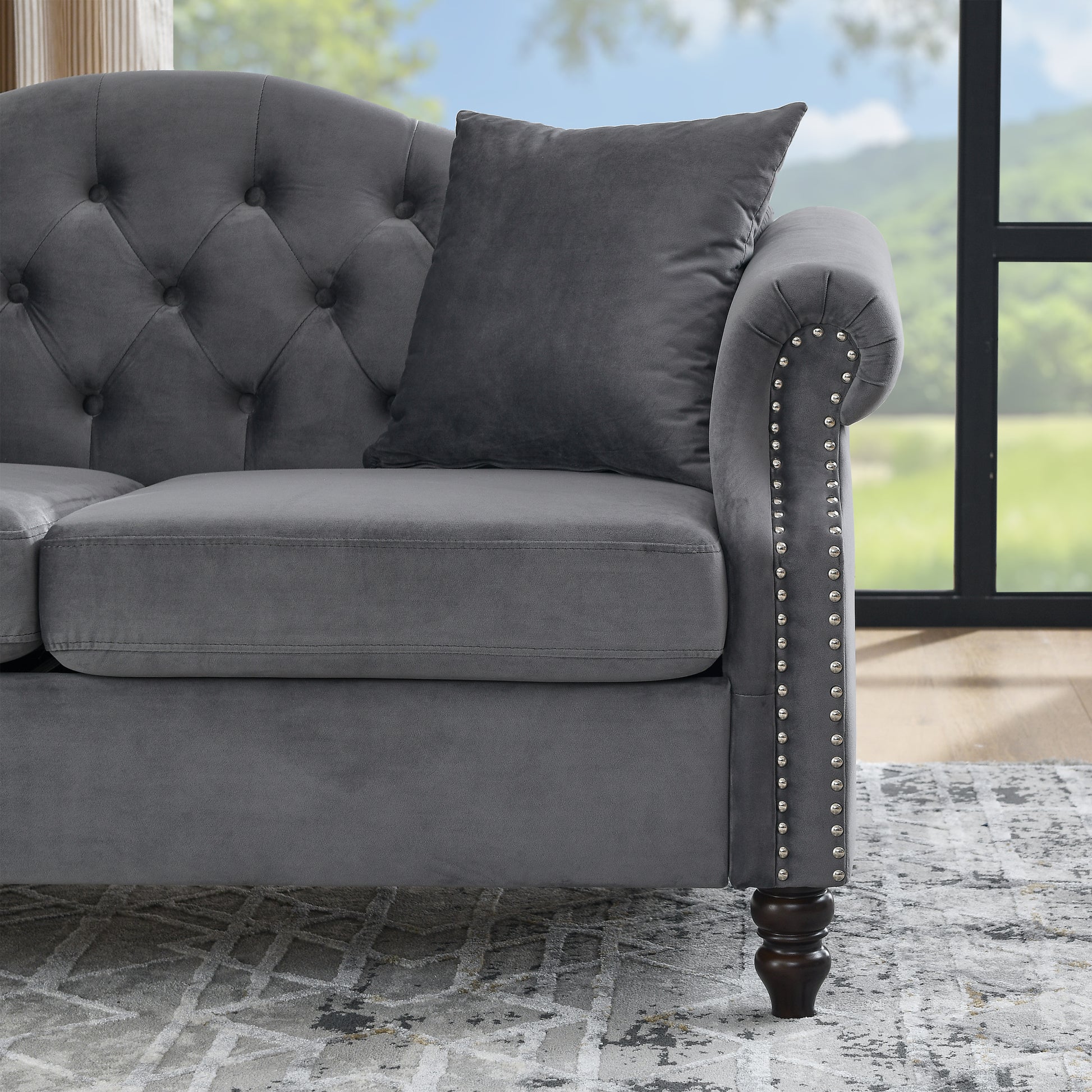 57" Chesterfield Sofa Grey Velvet For Living Room, 2 Seater Sofa Tufted Couch With Rolled Arms And For Living Room, Bedroom, Office, Apartment, Two Pillows Grey Foam Velvet