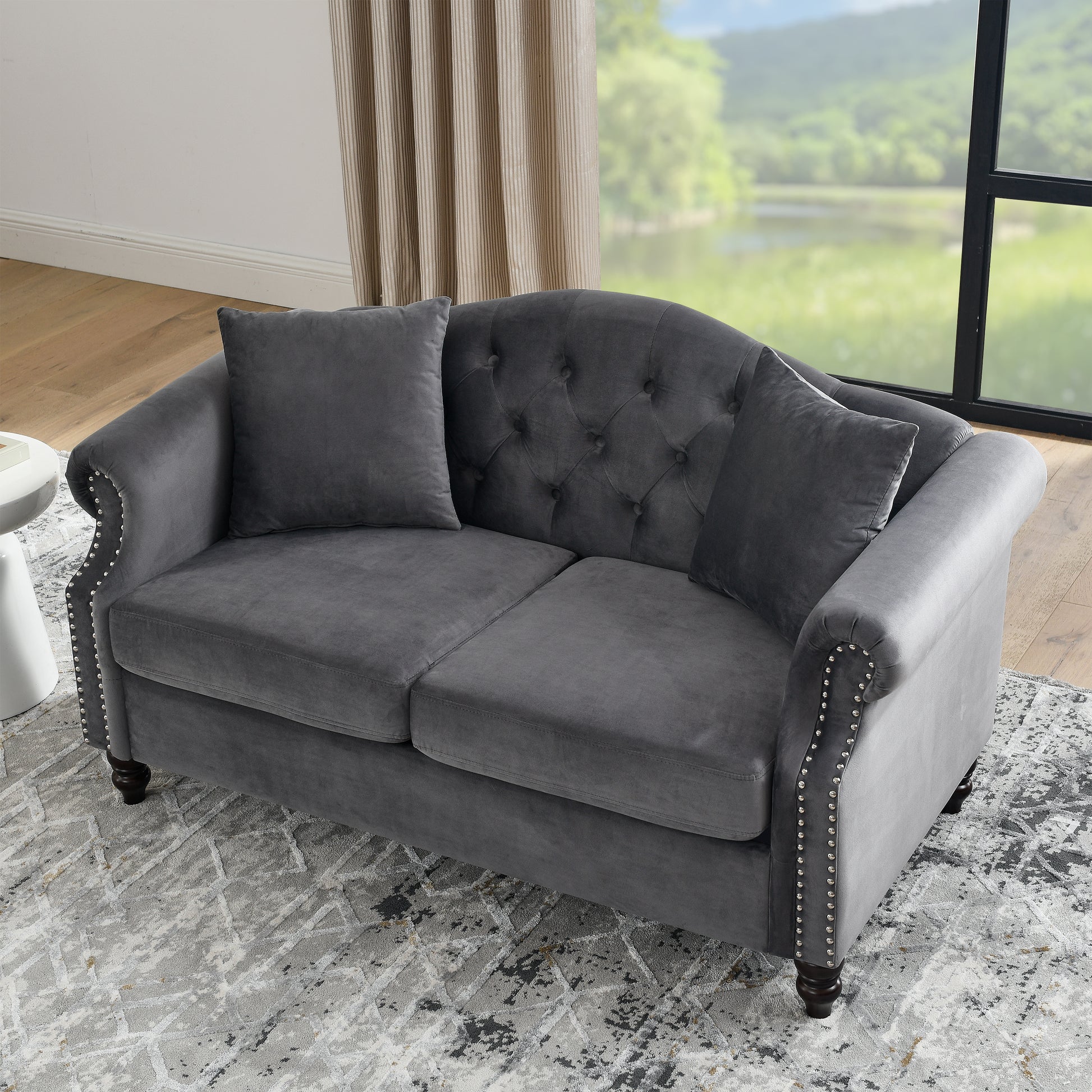 57" Chesterfield Sofa Grey Velvet For Living Room, 2 Seater Sofa Tufted Couch With Rolled Arms And For Living Room, Bedroom, Office, Apartment, Two Pillowsw834S00073 Grey Foam Velvet