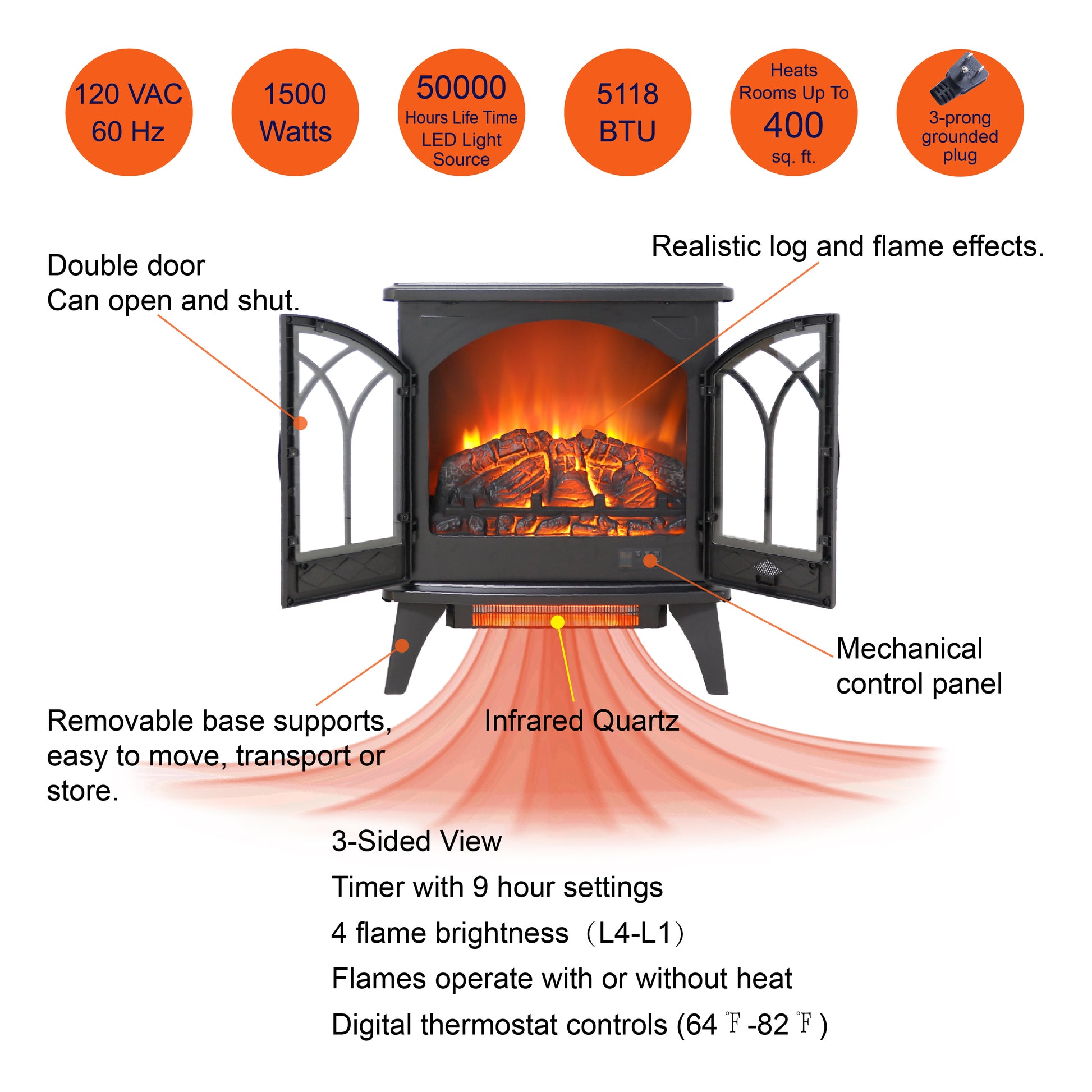 24 Inch 3D Flame Electric Infrared Quartz Fireplace Stove With Remote Control Powder Coated Electric Yes Antique Black Vent Free Yes Freestanding Tempered Glass Sheet Metal Electric