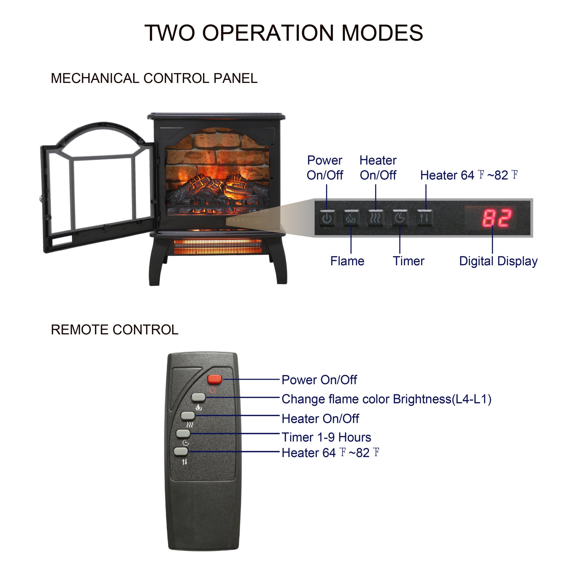 18 Inch 3D Flame Electric Infrared Quartz Fireplace Stove With Remote Control Powder Coated Electric Yes Antique Black Vent Free Yes Freestanding Tempered Glass Sheet Metal Electric