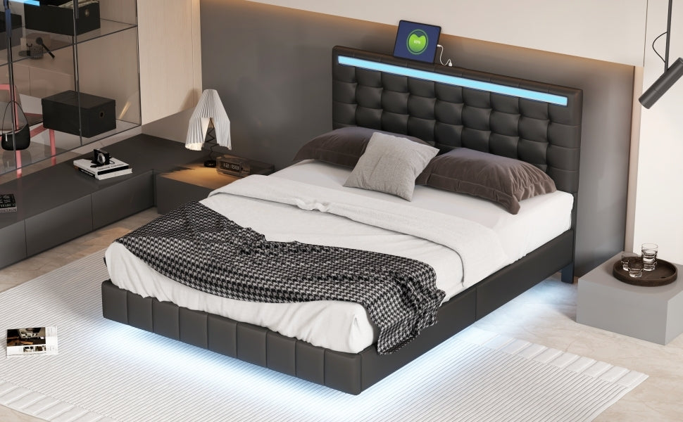 Queen Size Floating Bed Frame With Led Lights And Usb Charging,Modern Upholstered Platform Led Bed Frame,Black Black Pu