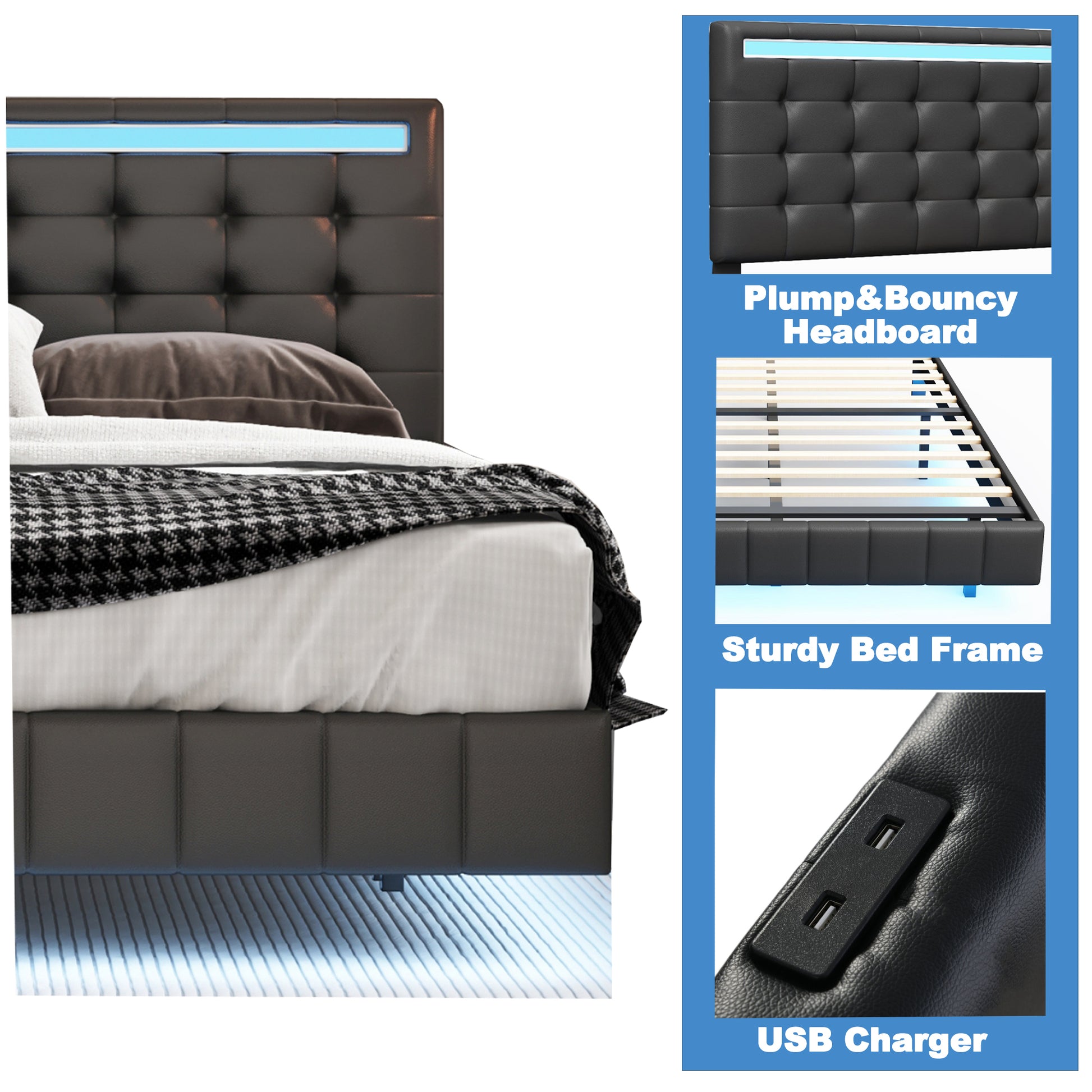 Queen Size Floating Bed Frame With Led Lights And Usb Charging,Modern Upholstered Platform Led Bed Frame,Black Black Pu