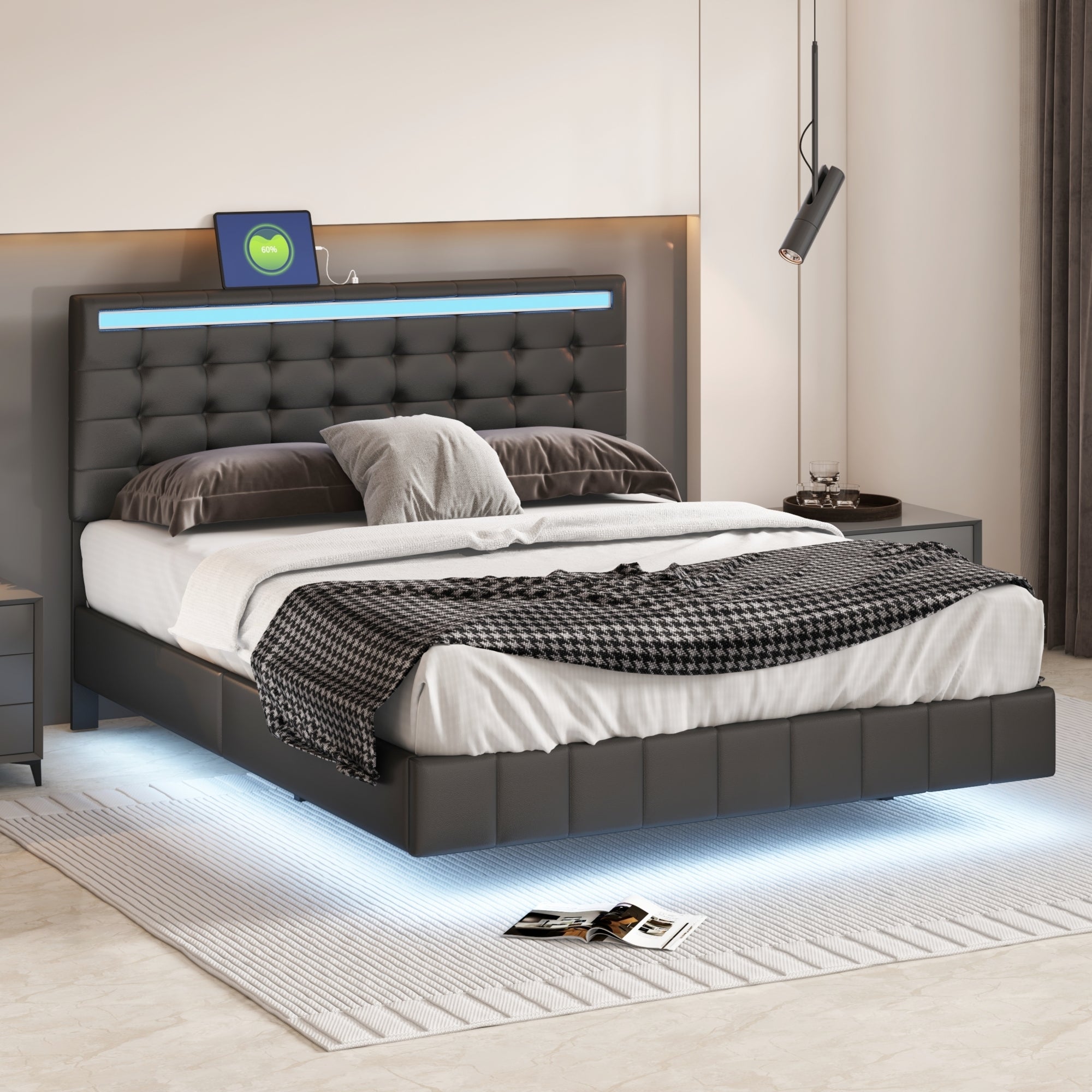 Queen Size Floating Bed Frame With Led Lights And Usb Charging,Modern Upholstered Platform Led Bed Frame,Black Black Pu