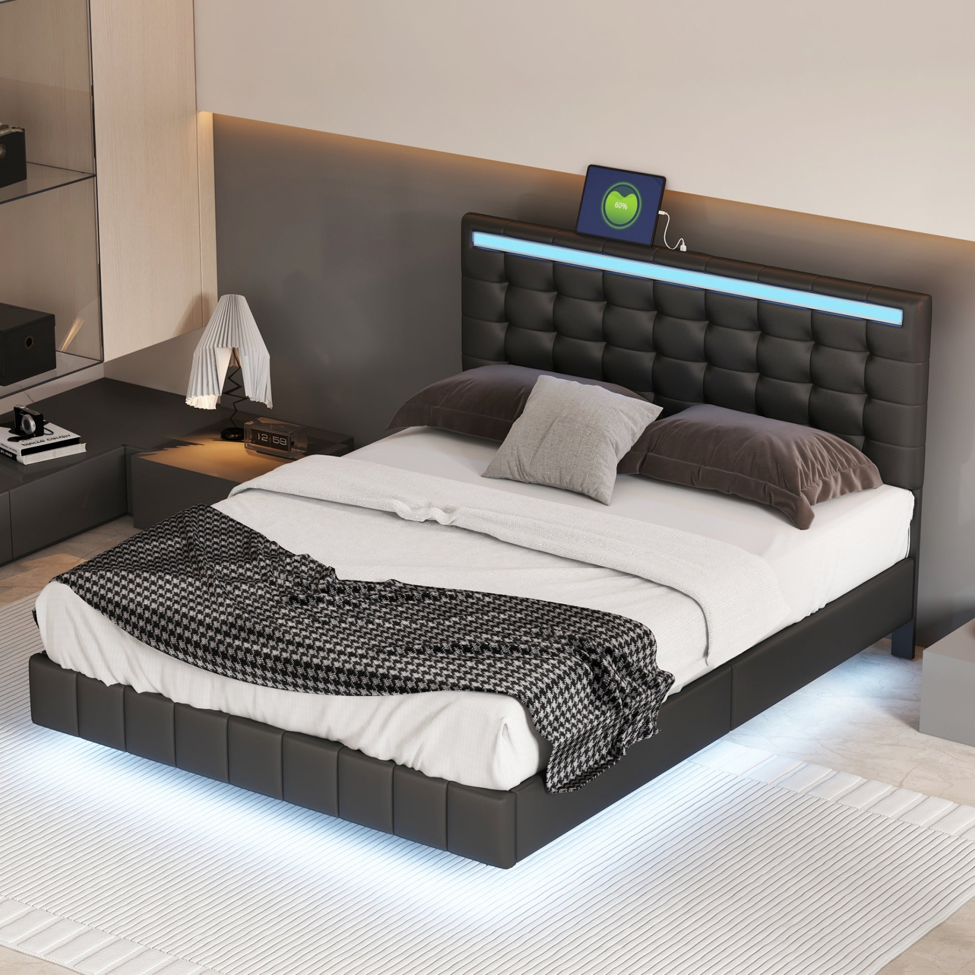 Queen Size Floating Bed Frame With Led Lights And Usb Charging,Modern Upholstered Platform Led Bed Frame,Black Black Pu