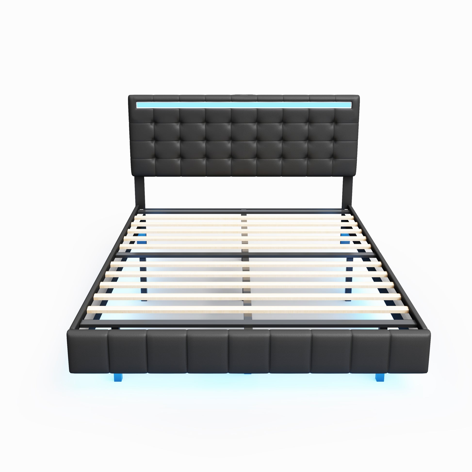 Queen Size Floating Bed Frame With Led Lights And Usb Charging,Modern Upholstered Platform Led Bed Frame,Black Black Pu