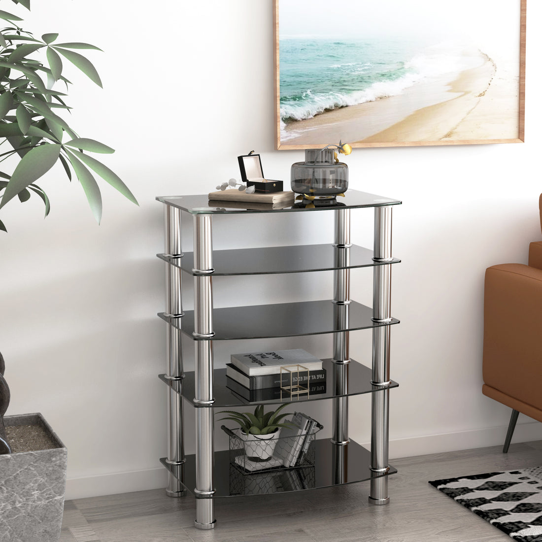 5 Tier Tempered Glass Side Table Stainless Steel Frame End Table For Living Room, Bedroom, Black Black Tempered Glass