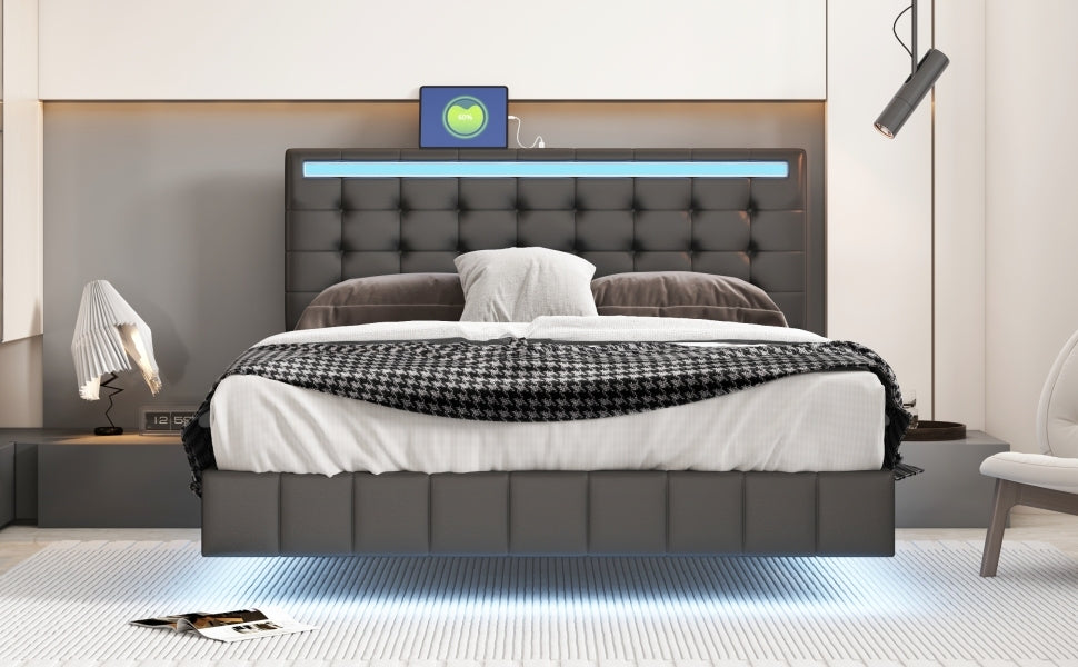 Queen Size Floating Bed Frame With Led Lights And Usb Charging,Modern Upholstered Platform Led Bed Frame,Black Black Pu