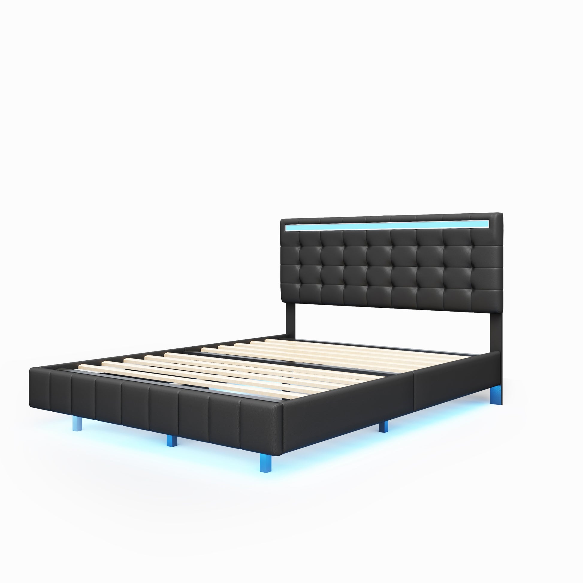 Queen Size Floating Bed Frame With Led Lights And Usb Charging,Modern Upholstered Platform Led Bed Frame,Black Black Pu