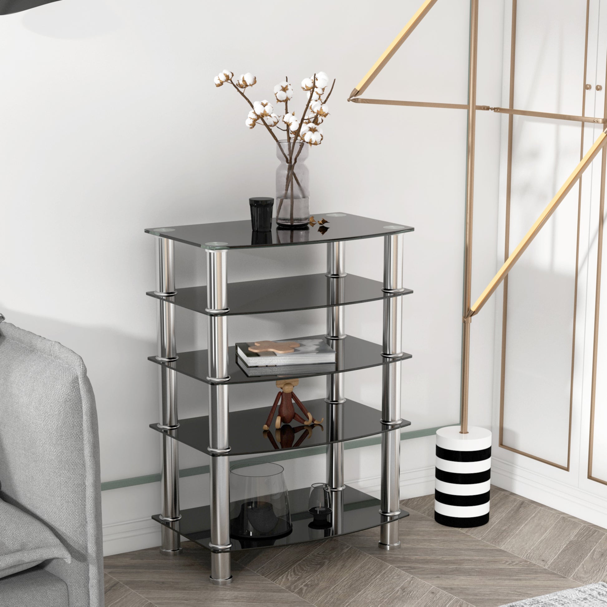 5 Tier Tempered Glass Side Table Stainless Steel Frame End Table For Living Room, Bedroom, Black Black Tempered Glass