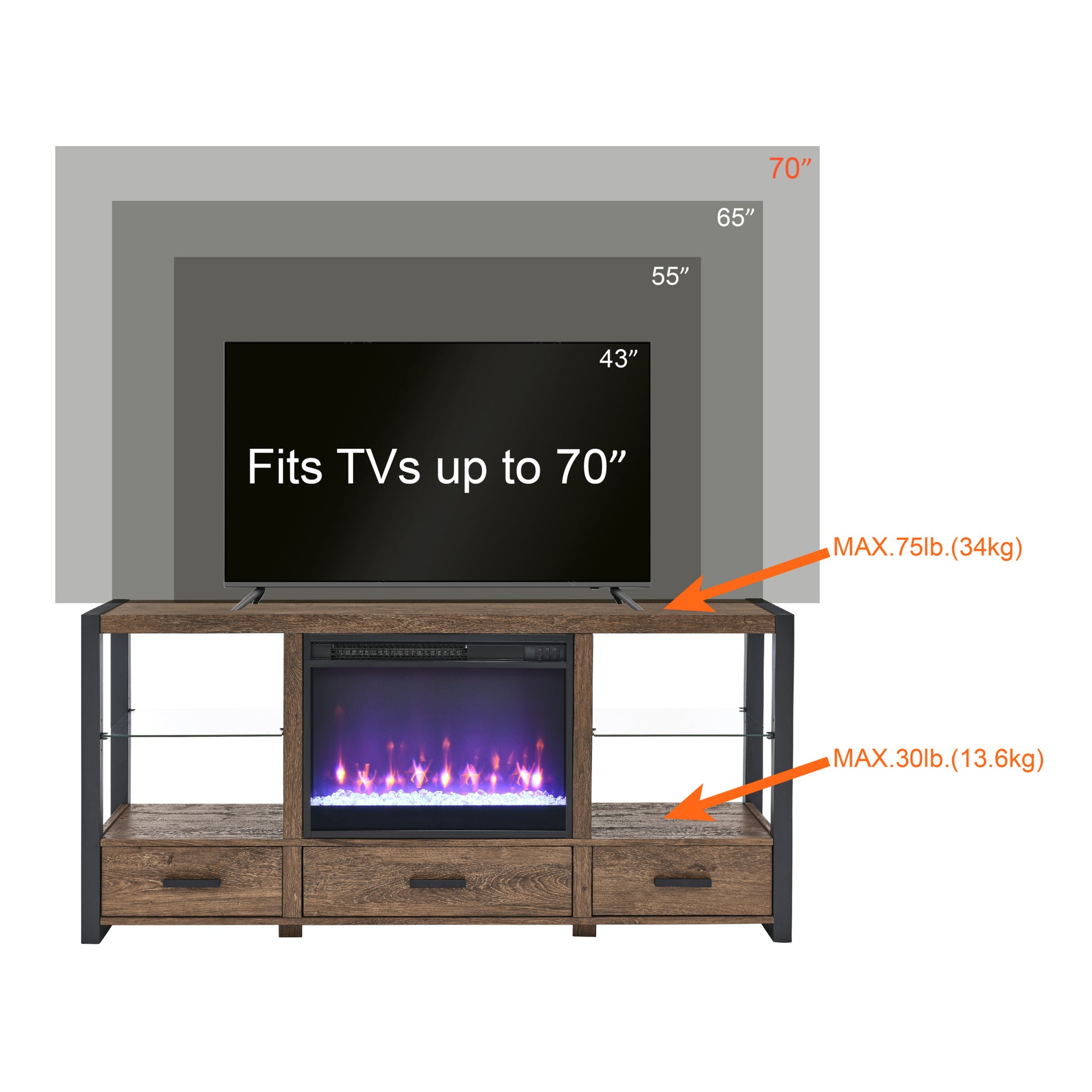 60 Inch Electric Fireplace Media Tv Stand With Sync Colorful Led Lights Reclaimed Barnwood Color Powder Coated No Electric Reclaimed Barnwood 400 Vent Free Primary Living Space Yes Insert Wood Stainless Steel Glass Electric