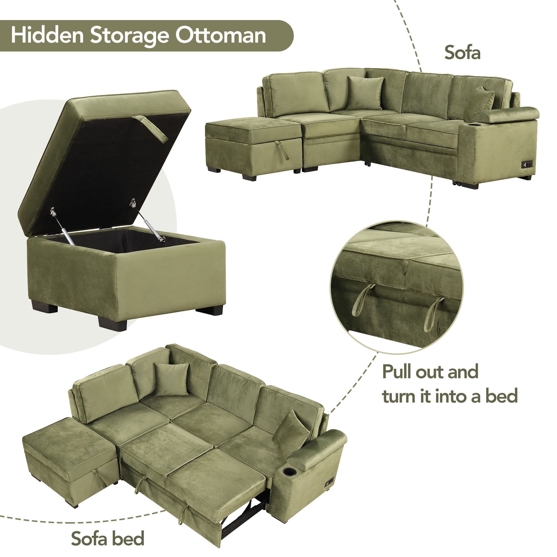 84.75" Sleeper Sofa Bed,2 In 1 Pull Out Sofa Bed L Shape Couch With Storage Ottoman For Living Room,Bedroom Couch And Small Apartment, Green Green Foam Velvet 4 Seat