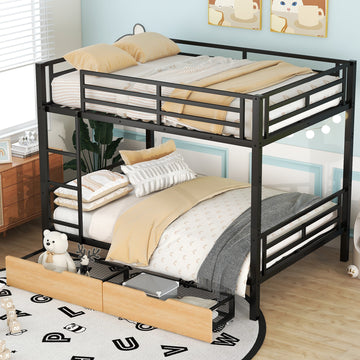 Metal Full Size Convertible Bunk Bed With 2 Drawers, Black Box Spring Not Required Full Black Metal Bedroom Bed Frame Metal & Wood