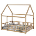 Full Size Floor Wooden Bed With House Roof Frame, Fence Guardrails ,Natural Full Natural Pine