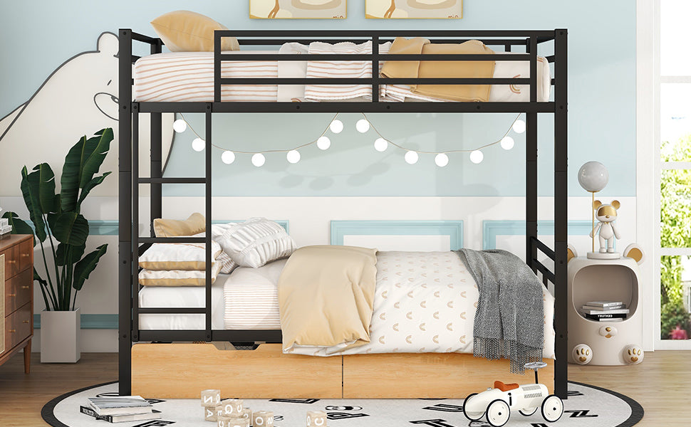 Metal Full Size Convertible Bunk Bed With 2 Drawers, Black Box Spring Not Required Full Black Metal Bedroom Bed Frame Metal & Wood