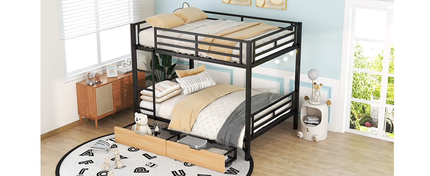 Metal Full Size Convertible Bunk Bed With 2 Drawers, Black Box Spring Not Required Full Black Metal Bedroom Bed Frame Metal & Wood