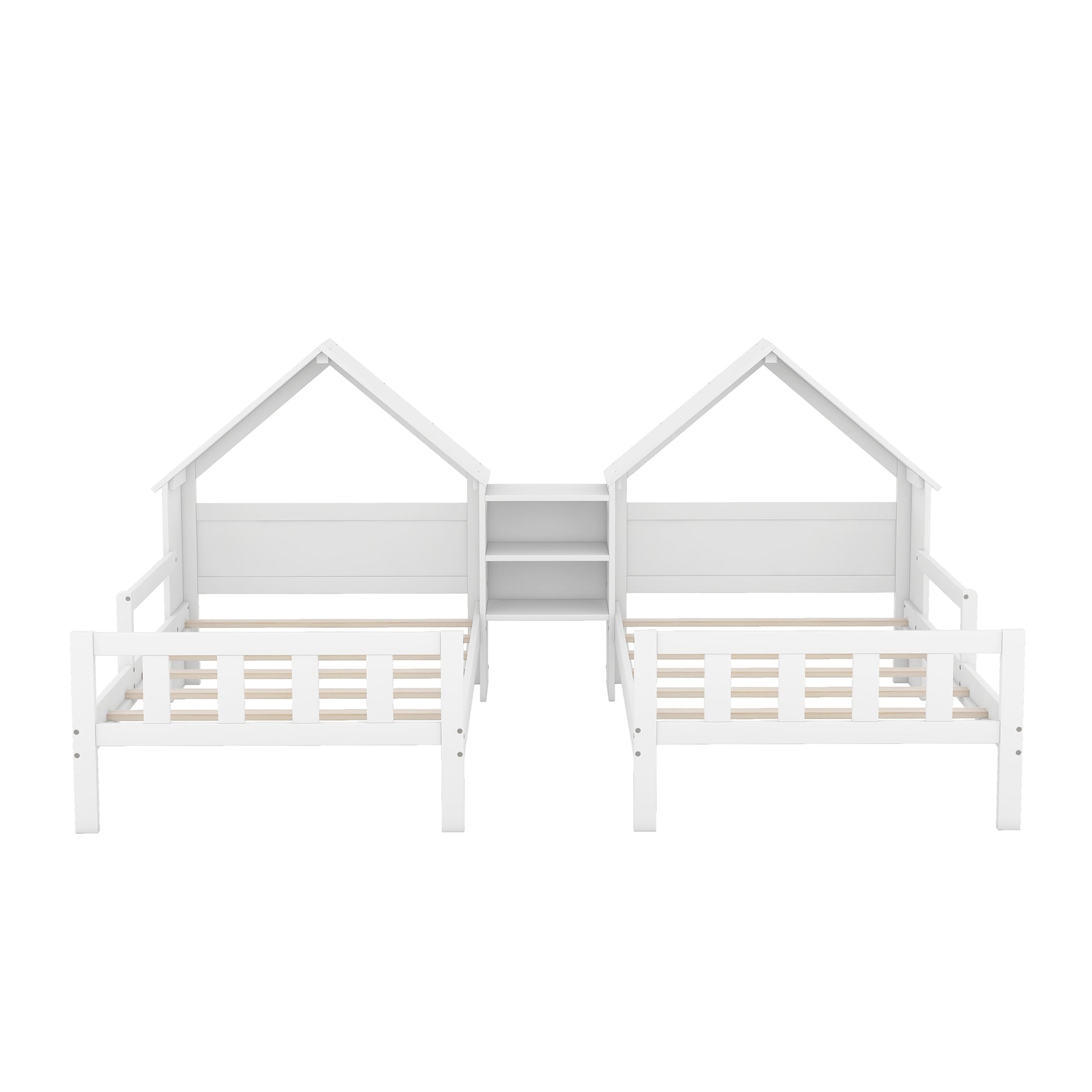 Double Twin Size Platform Bed With House Shaped Headboard And A Built In Nightstand, White Box Spring Not Required Twin White Wood Bedroom Bed Frame Solid Wood Mdf
