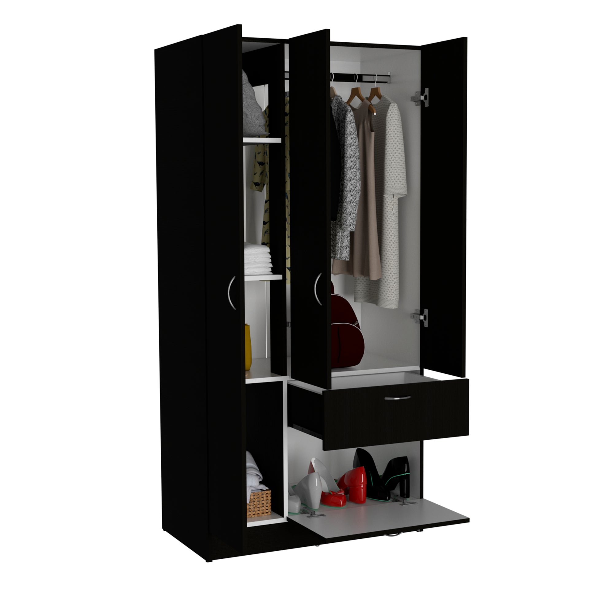 Primavera Armoire, Double Door Cabinets, One Drawer, Metal Rod, Five Shelves Black White Multicolor Particle Board Particle Board